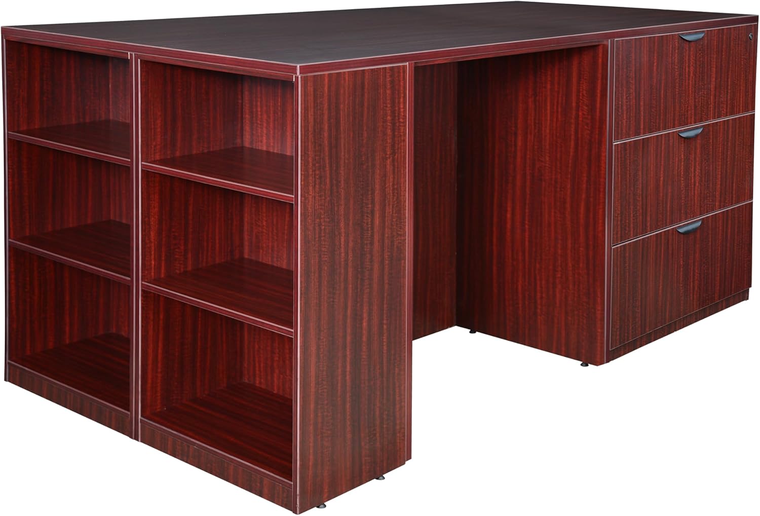 Regency Legacy Stand Up Desk/ 3 Lateral File Quad with Bookcase End- Mahogany