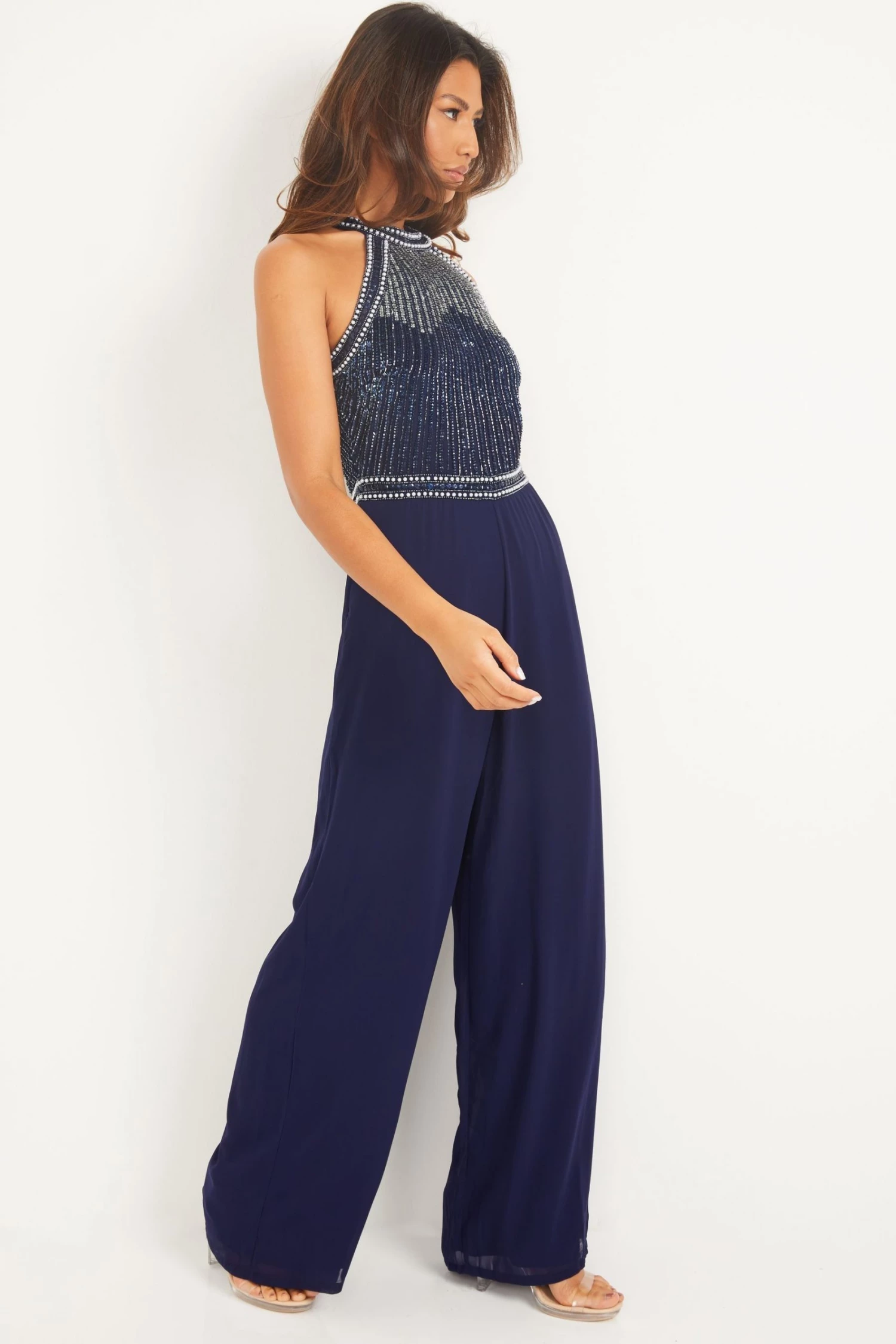 Quiz Blue Embellished Chiffon Long Jumpsuit