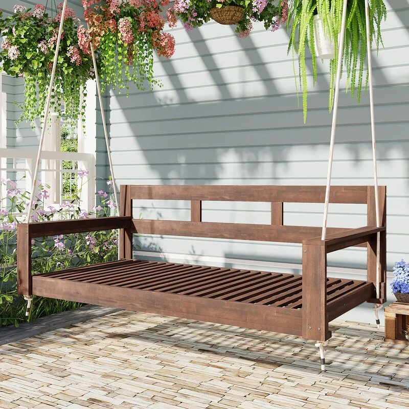 Wooden Twin Size Porch Swing Daybed, Garden Swing Bench Chair with 4 Hanging Ropes