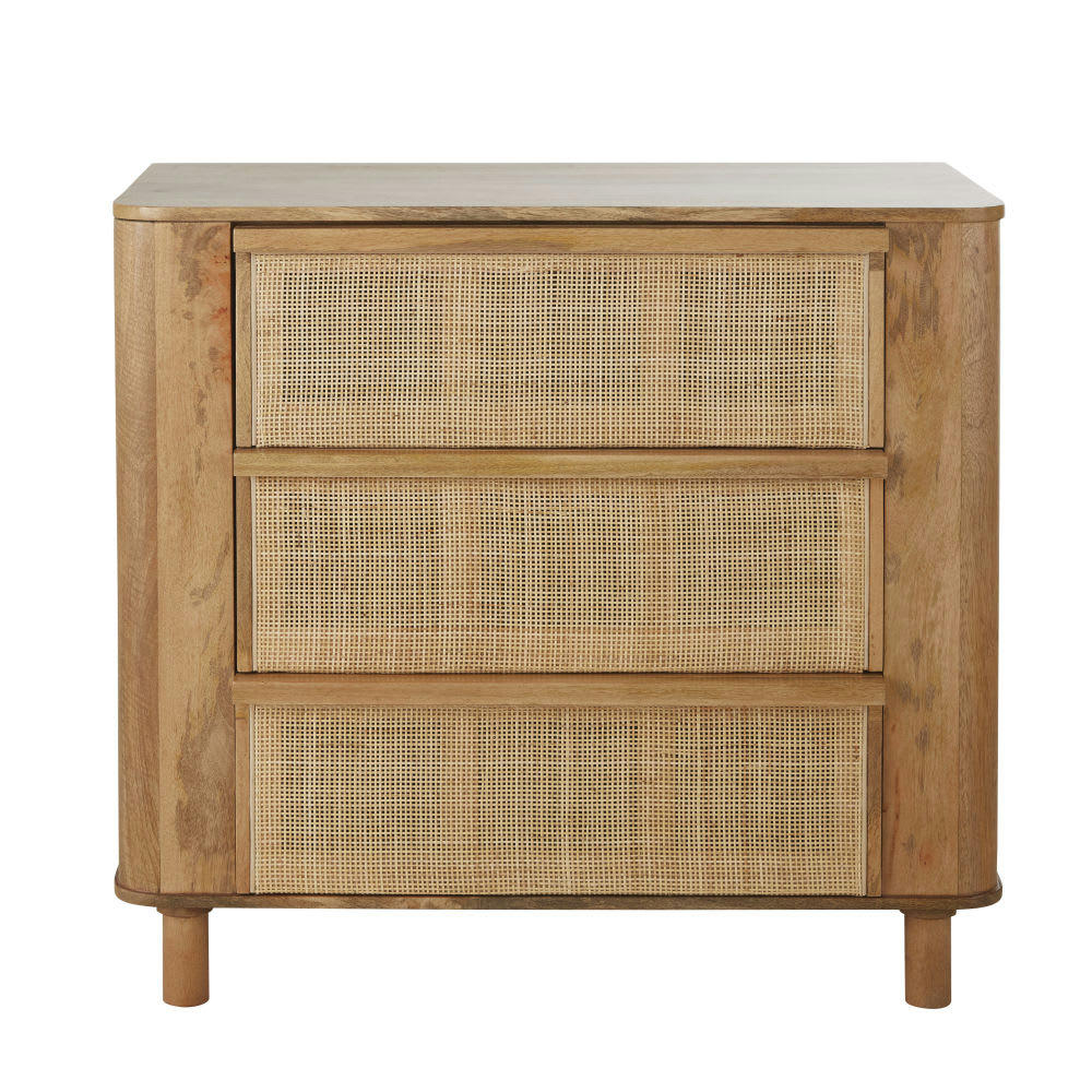 Viro - Commode haute 3 tiroirs en bois de manguier massif et fibre végétale beige