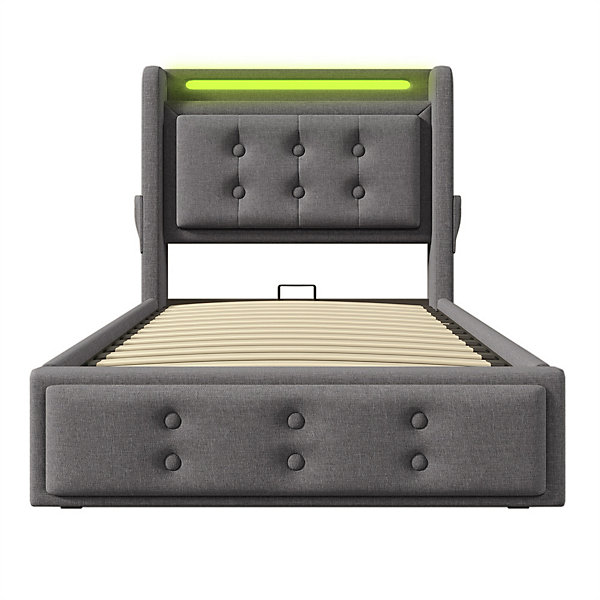 Lit adulte lit 90x200 cm lit rembourré hydraulique avec sommier en bois Single coton lin gris