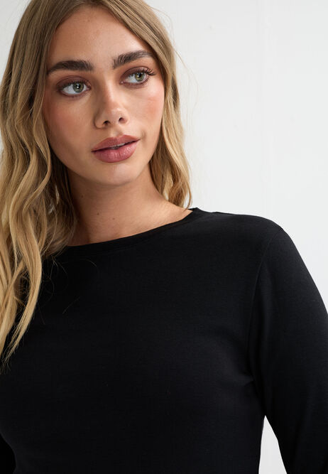 Womens Black Plain Long Sleeve Cotton Top