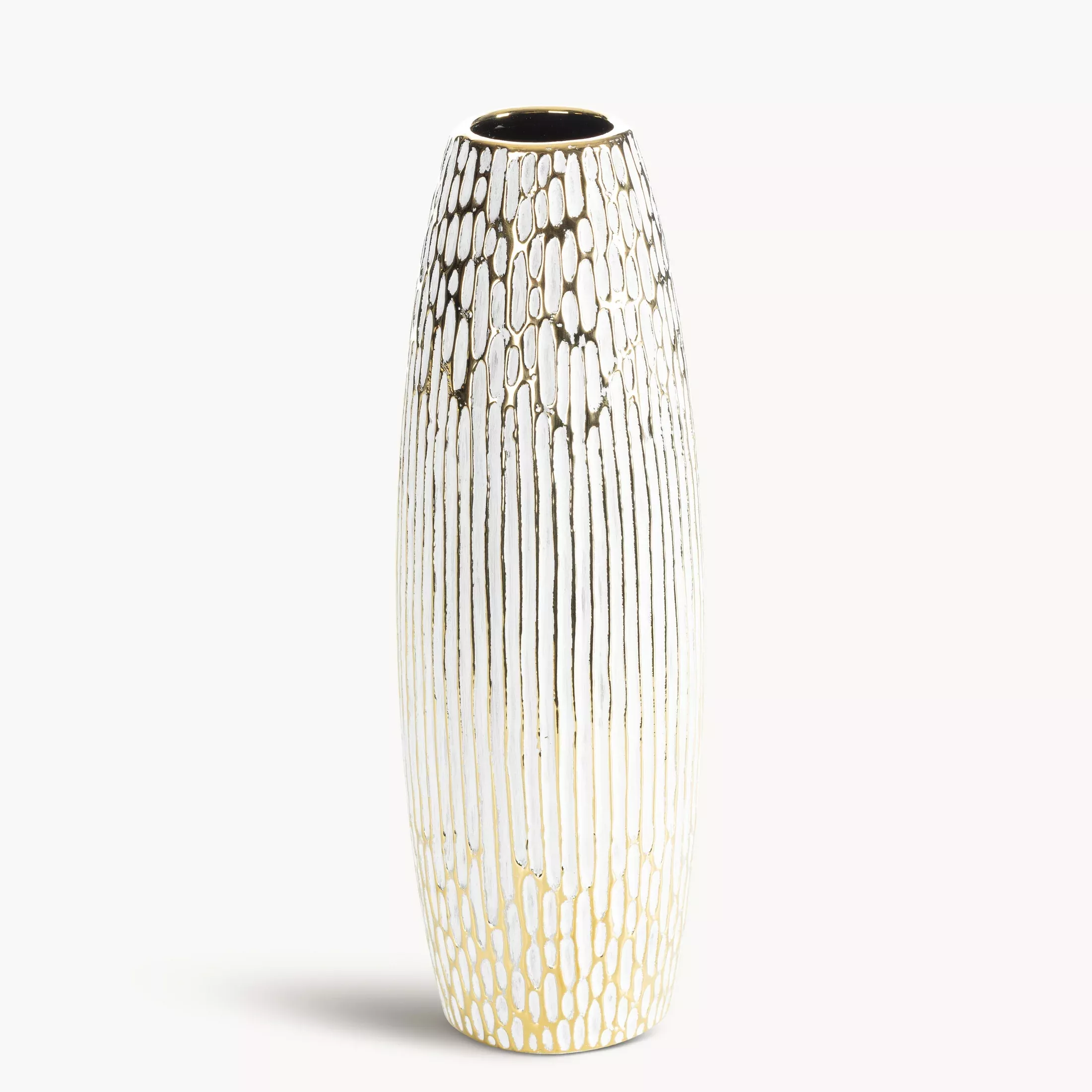 Wazon ceramiczny biało, złoty o ozdobnej fakturze 13x40 cm ANDREA