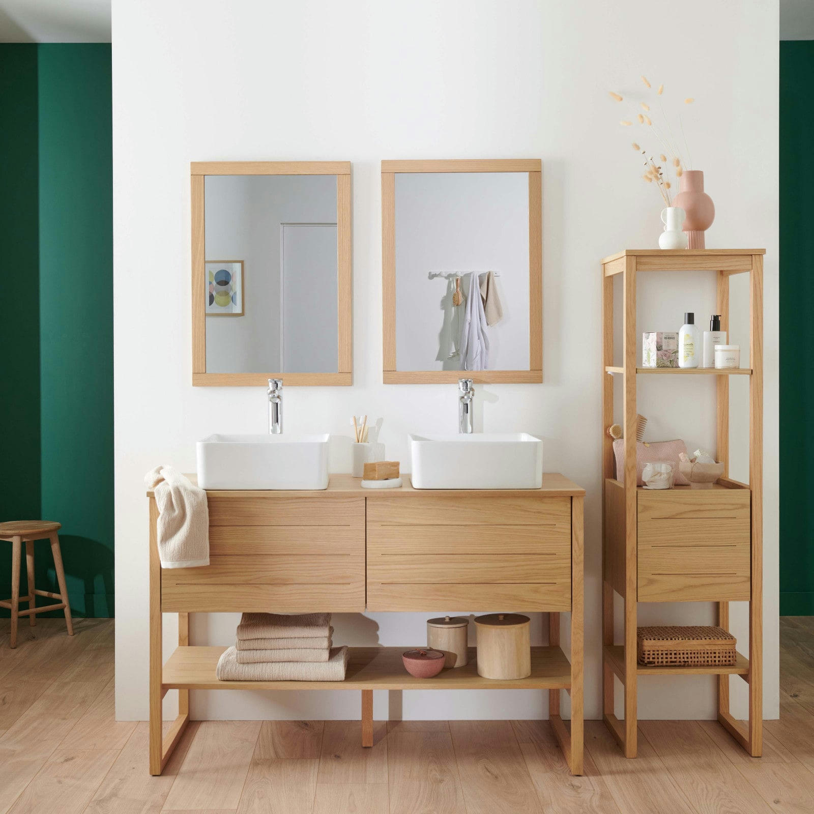 ATOLL - Meuble sous vasque plaqué chêne naturel  120cm+vasque+miroir carré+co