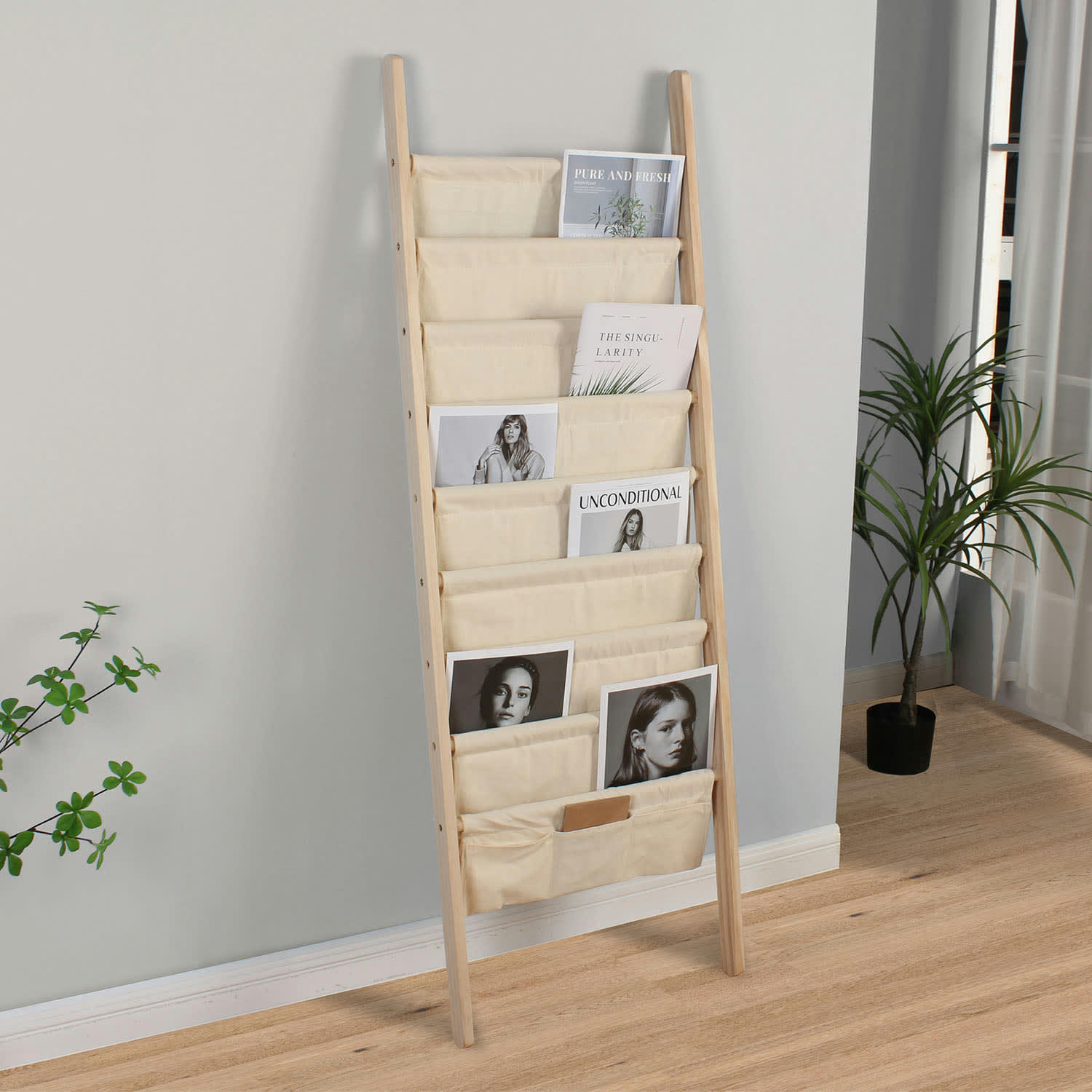 XOEL - Porte-revues en tissu et bois avec 8 sections