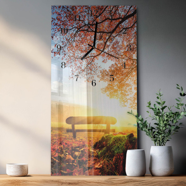 Zegar szklany 30x60 Ławka w Parku dekoracyjny do salonu