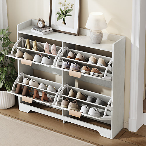 Meuble à chaussures 105x24x90 cm - avec 4 étagères rabattables - panneaux texturés 3D - étagère supérieure - MDF - Blanc