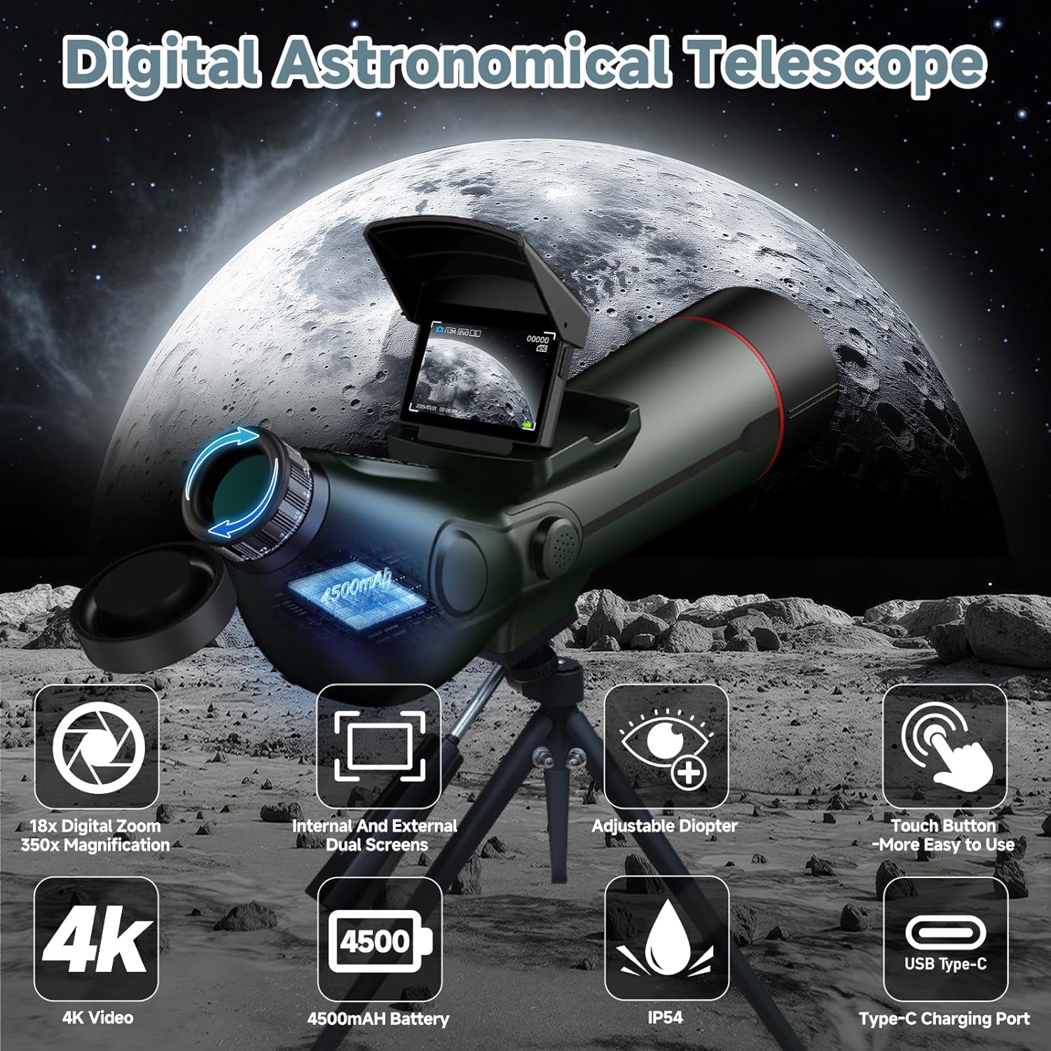 Smart Telescope  Professional Refractor Auto-focus Portable Digital Electronic Telescopes with 4K Astrophotography Camera  Internal And Externat Dual Screens Spotter for Adults and Beginners Astronomy