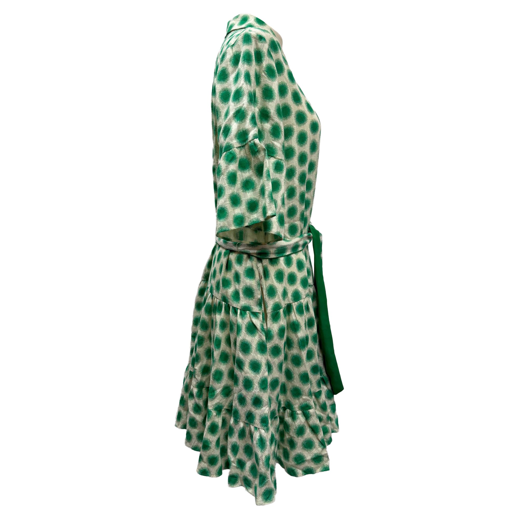 Diane Von Furstenberg Preloved Beata Gathered Printed Mini Shirt Dress in Green Cotton