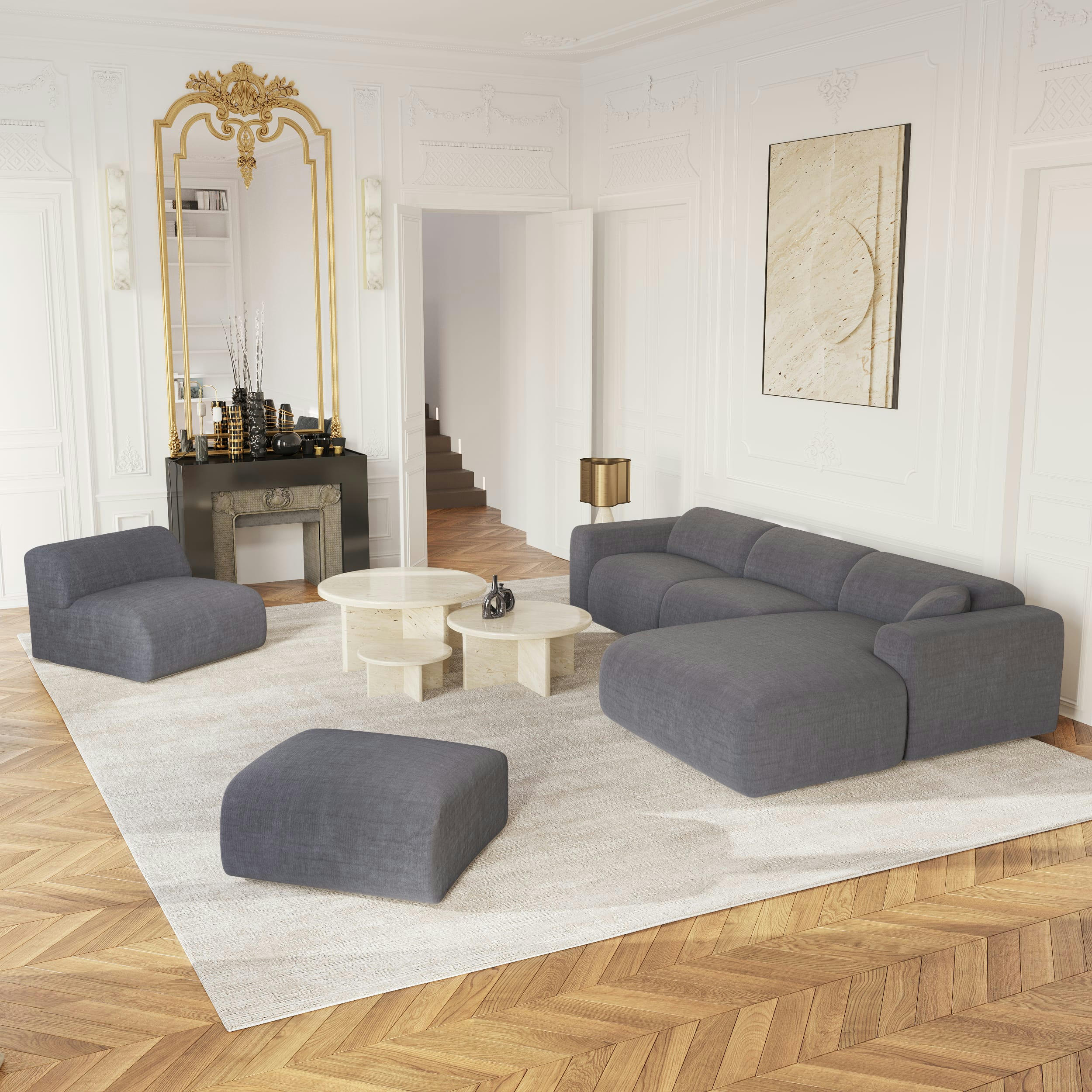 MYRA - Canapé grand angle droit velours texturé gris