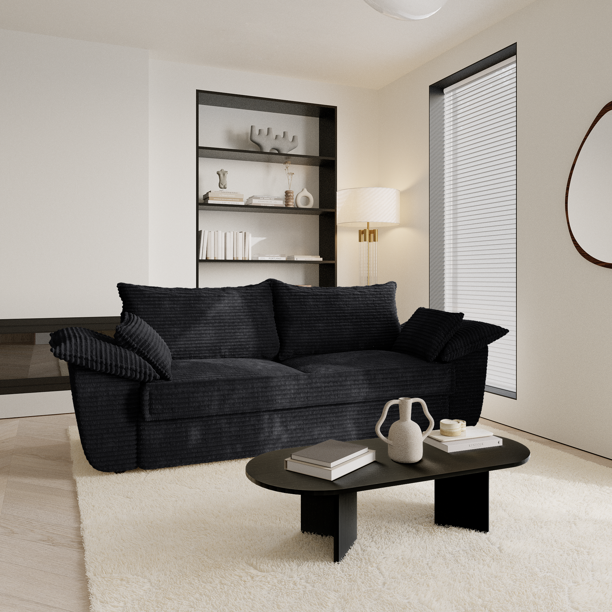 Rechte bank SASHA 3 personen XXL ribfluweel Zwart