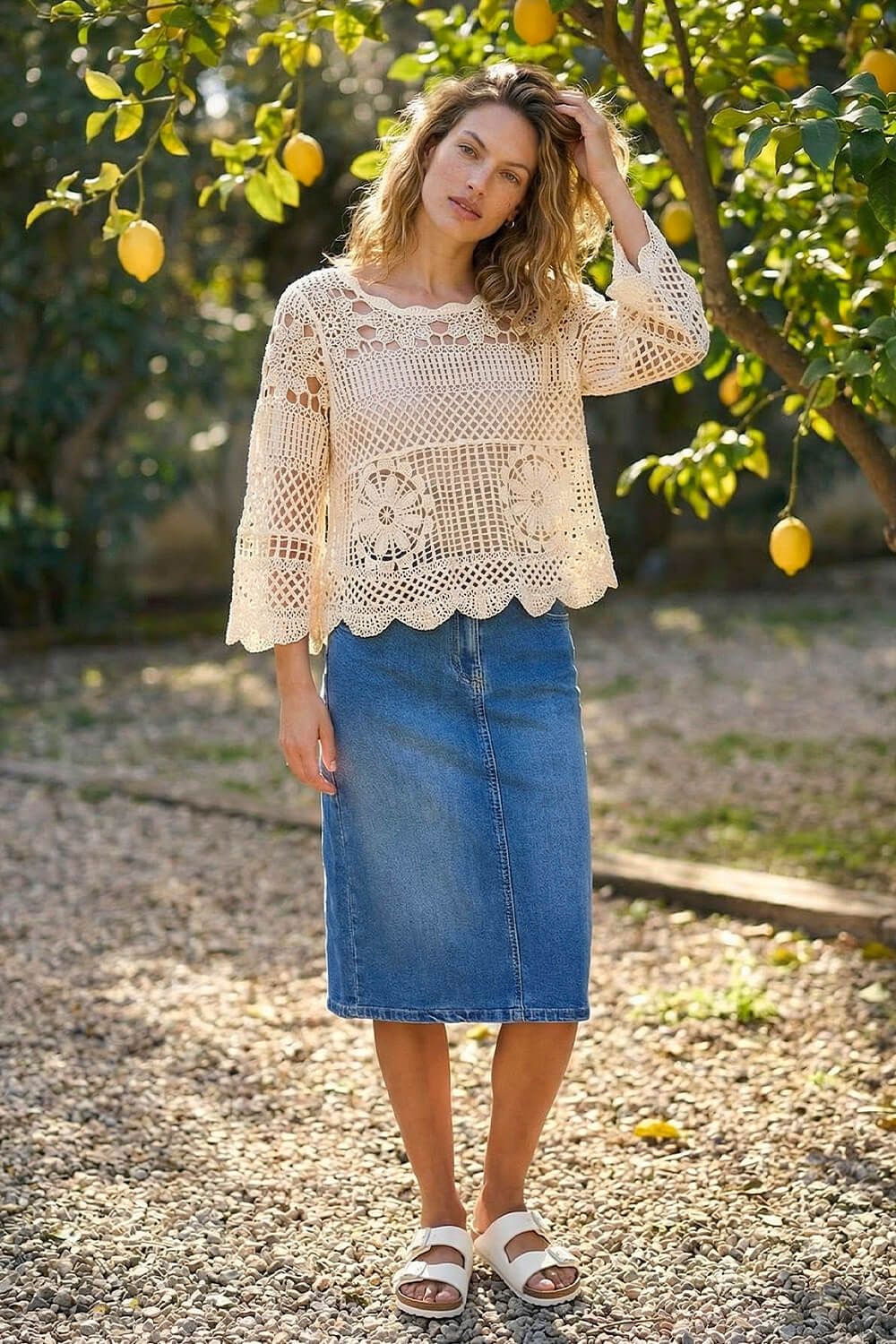 Roman Crochet Knit Flared Sleeve Top