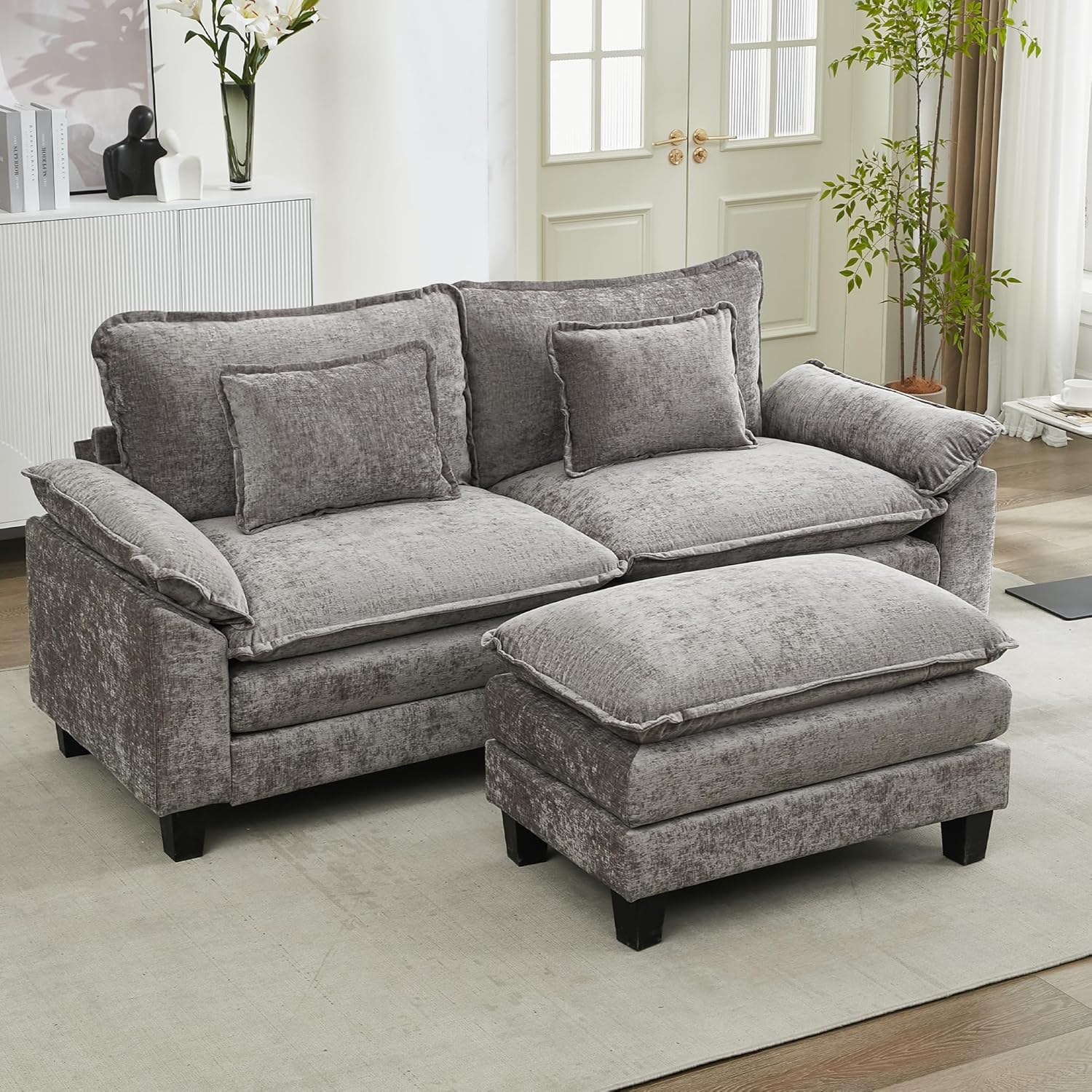 URRED Cloud Couch Modular Sectional Sofa, 87 Modern L Shaped Deep Seat Sofa with Ottoman & Pillows, Ultra Comfy Chenille Couches for Living Room, Bedroom or Apartment, Grey