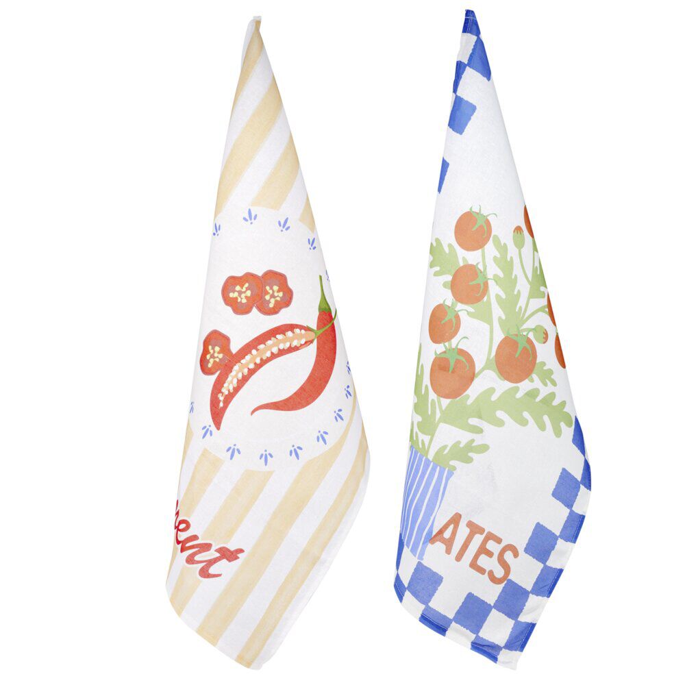 Torchon x2 coton motif tomates et piments 45x65cm