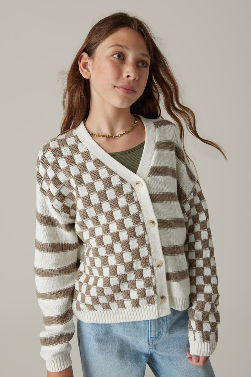 Hello Franki Mixed Print Cardigan for girls Dark Brown