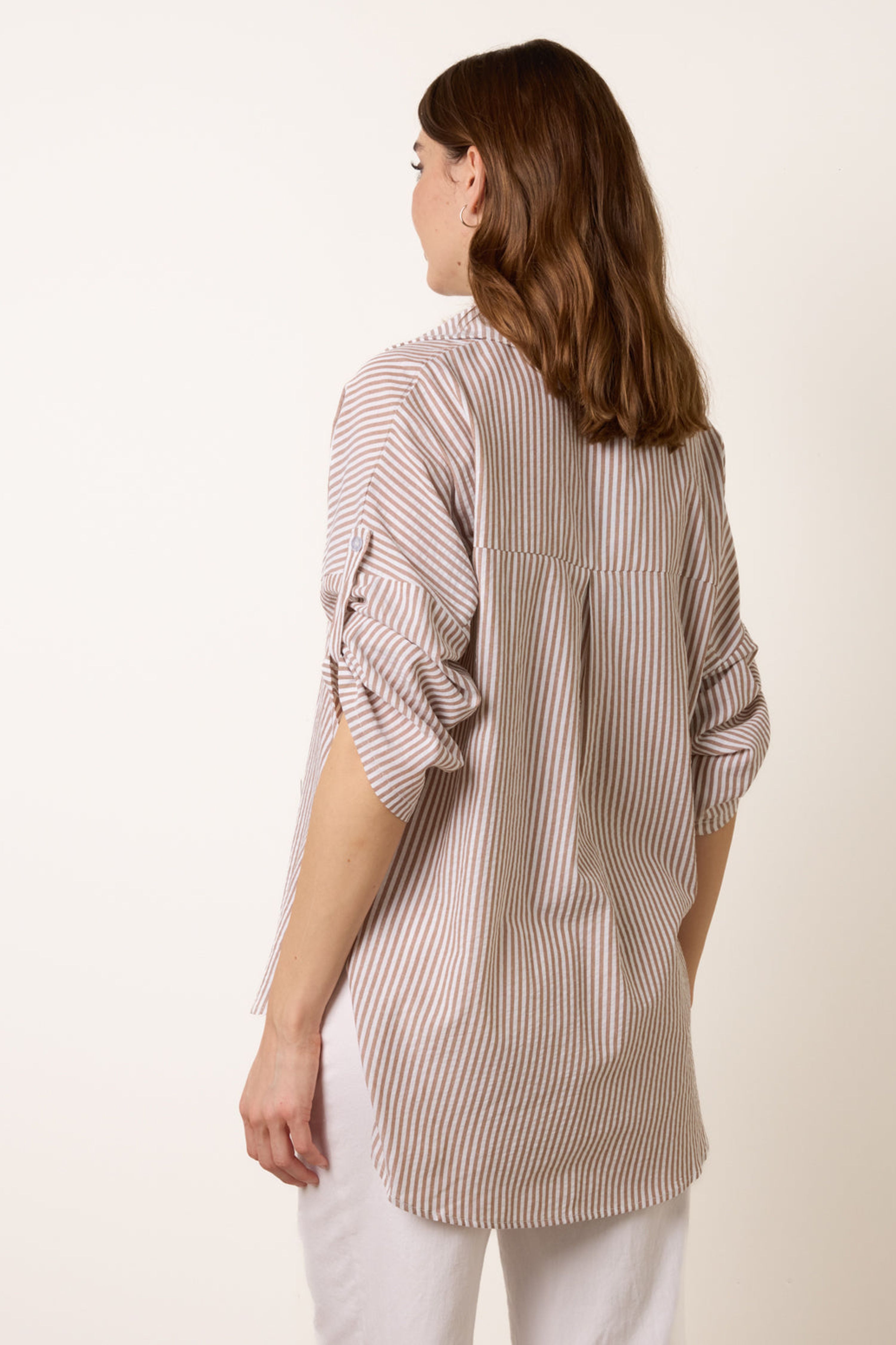 Blue Vanilla Taupe Gold Shell Button Front Stripe Shirt