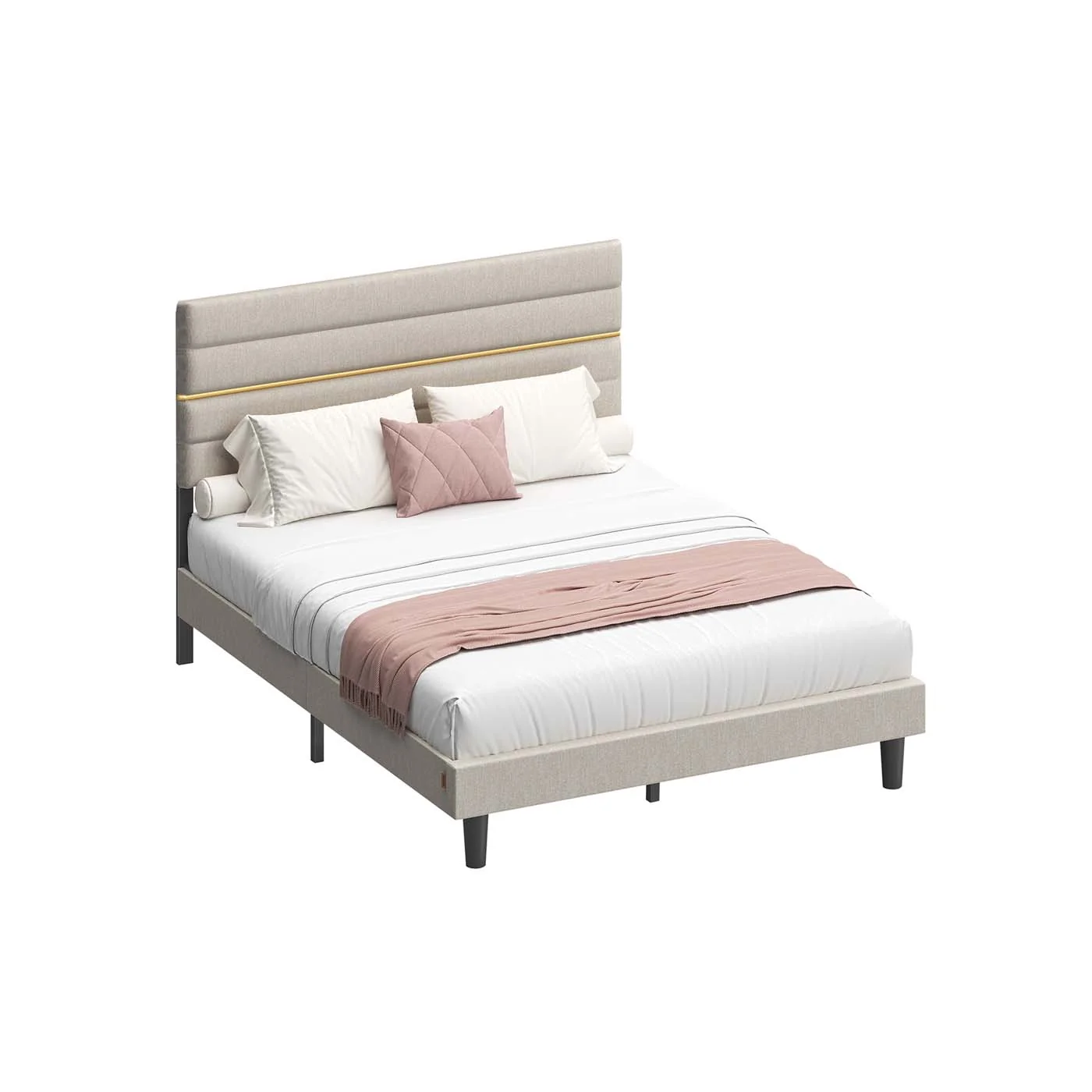 Lit double avec tête rembourrée ajustable en métal et bois