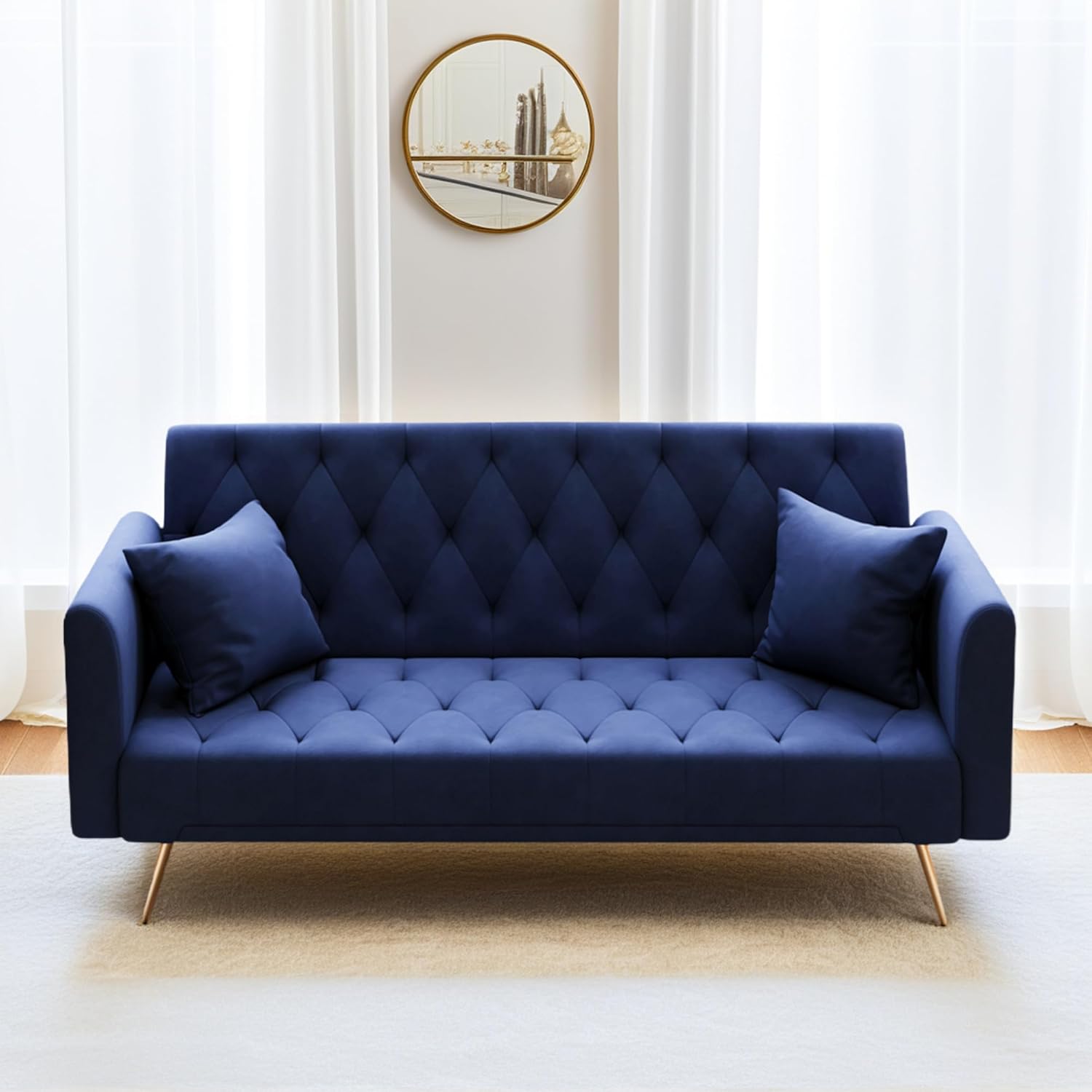 Anwick 72 Modern Velvet Sofa Bed Futon,Convertible Folding Sleeper Bed Couches with 3 Adjustable Backrests,Tufted Recliner Loveseat with Golden Chrome Legs for Small Living Room Office (Blue)