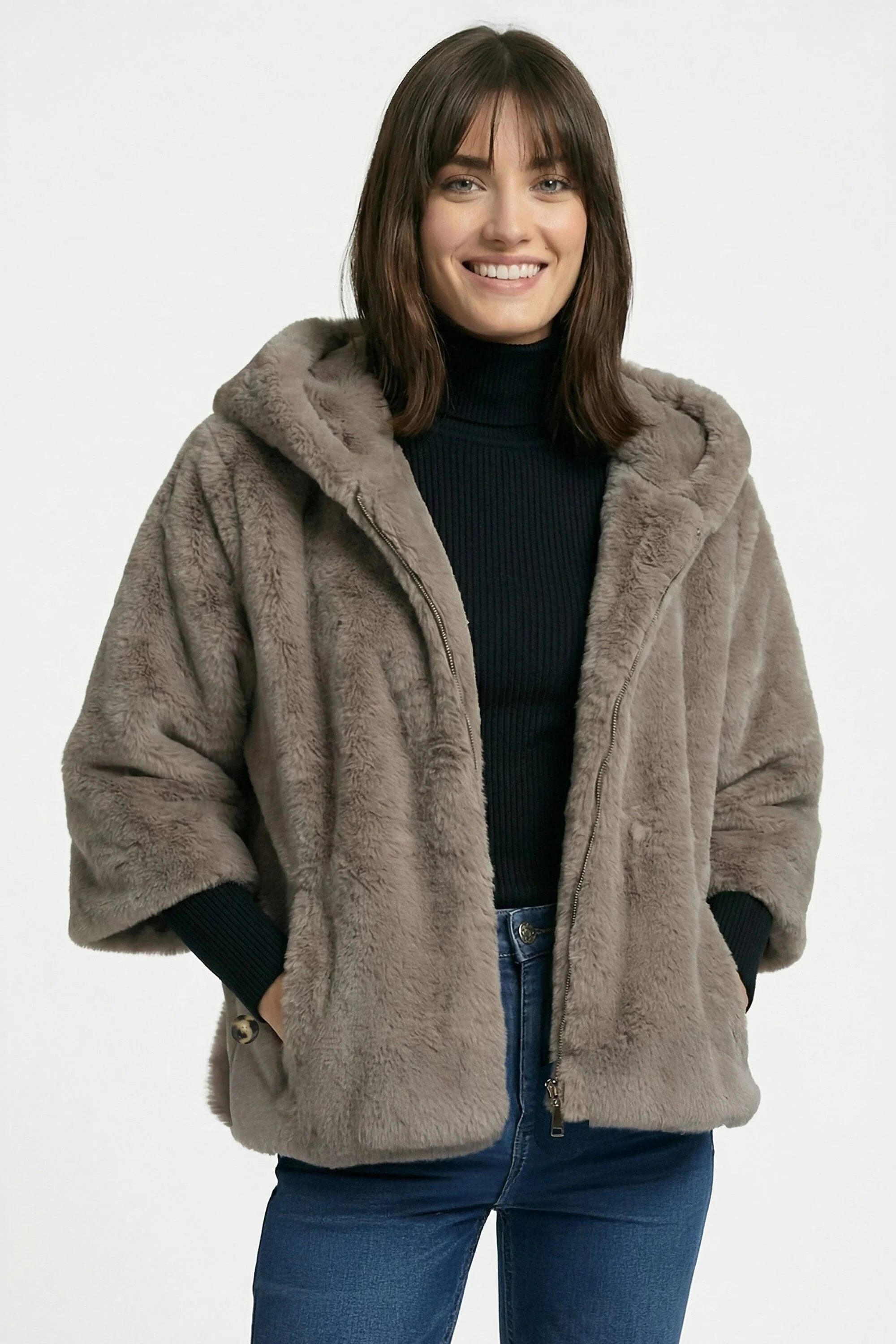 PONCHO FAUX FUR - MARINA - TAUPE/GRIS
