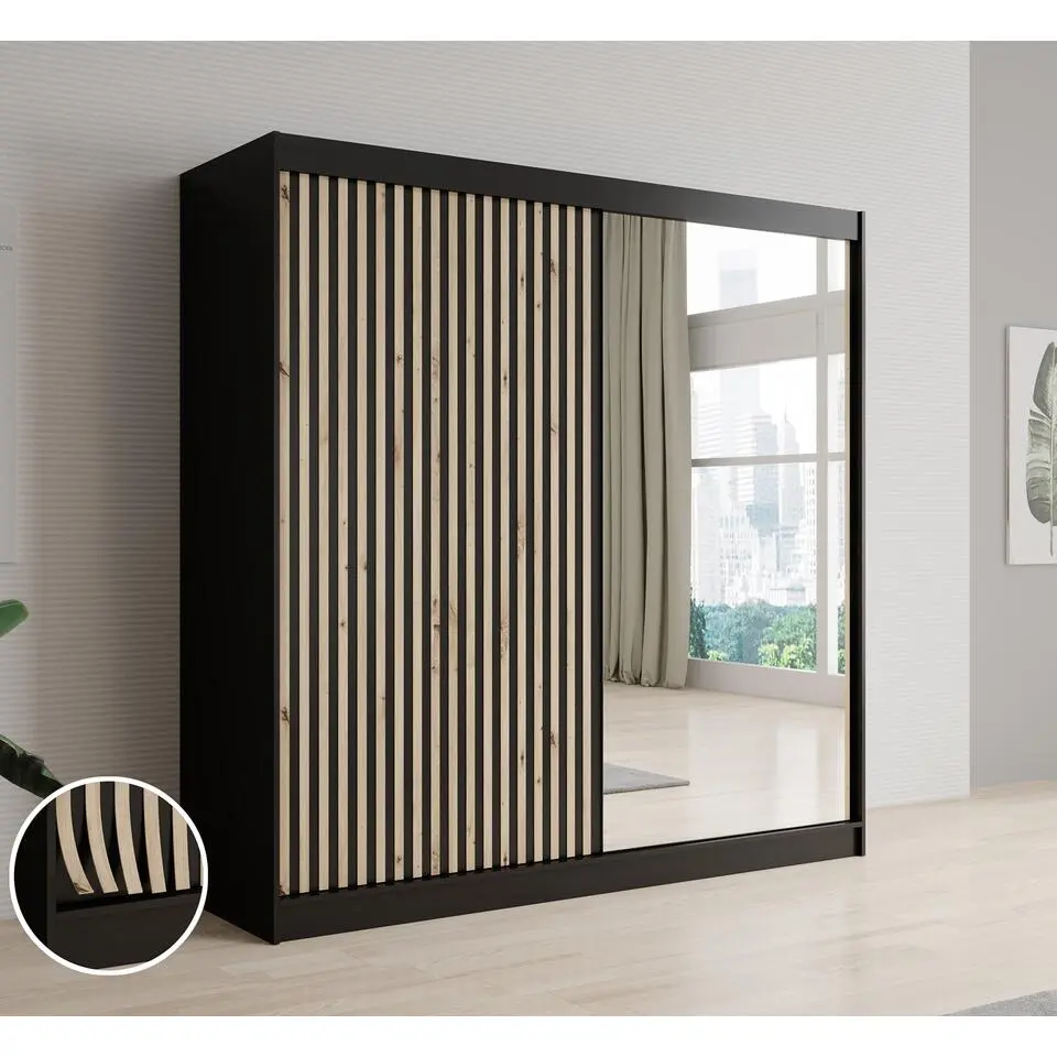 Meubella - Kledingkast Lisbon 2 - Zwart - 200 cm - Met spiegel
