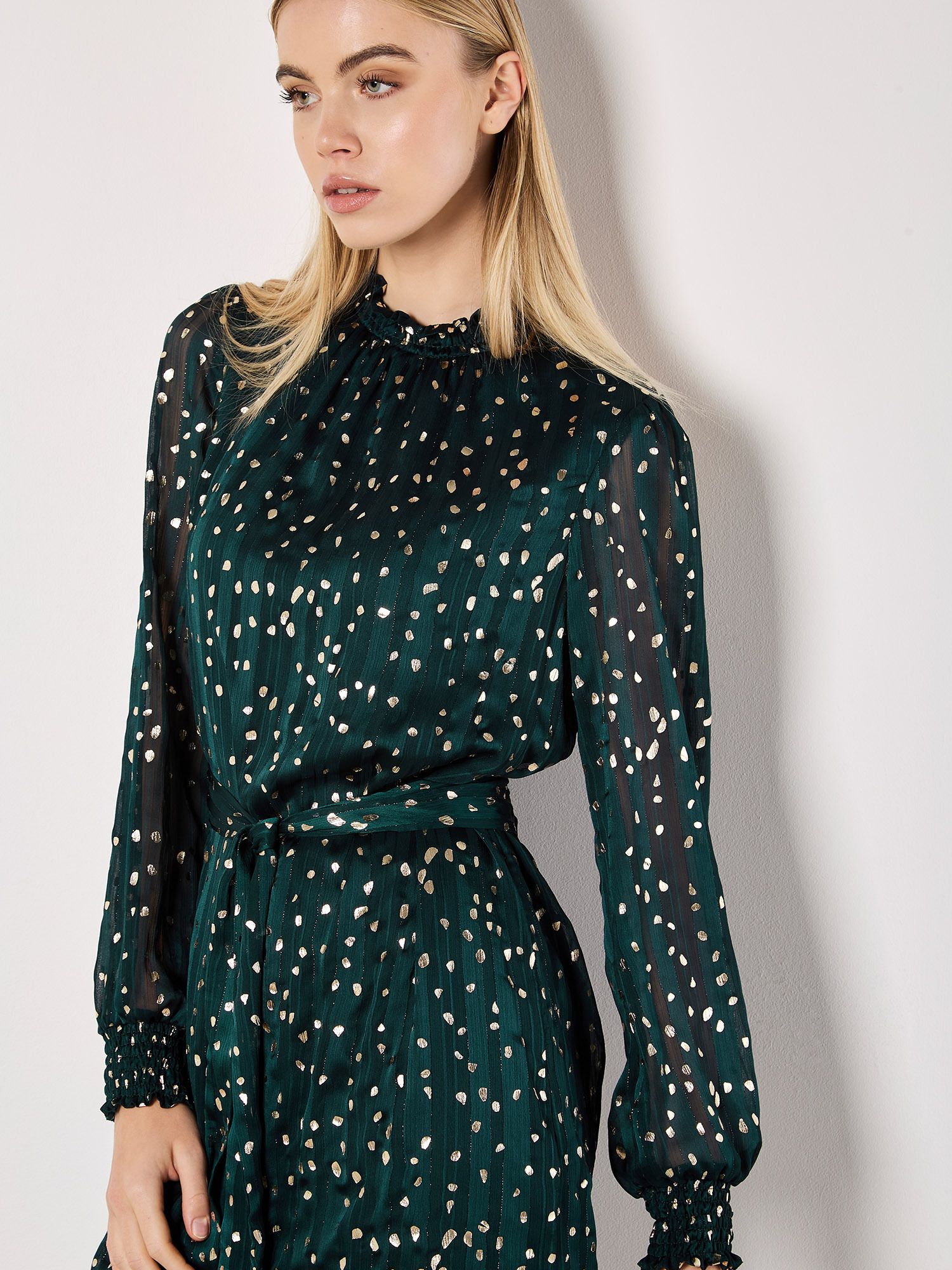 Apricot Gold Foil Spot Self-Stripe Mini Dress
