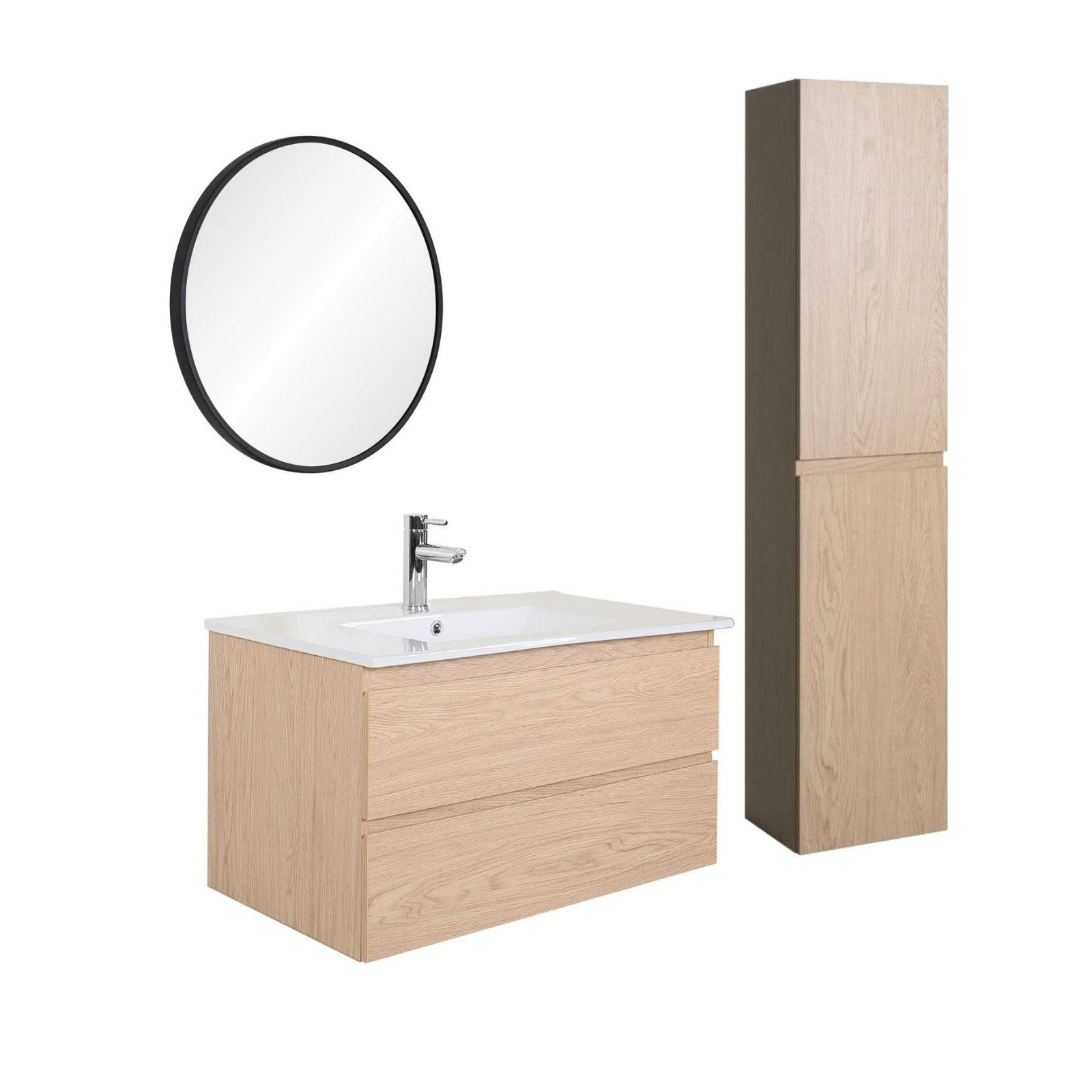 SORRENTO - Meuble simple vasque 80cm décor chêne +robinet noir+miroir+colonne