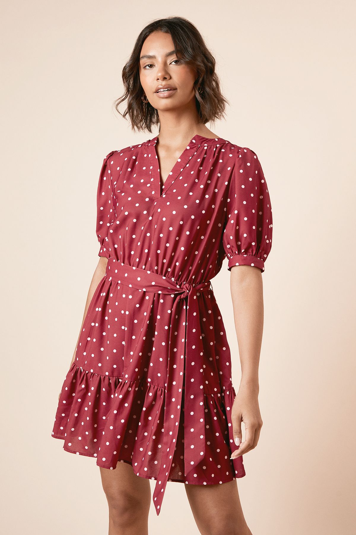 Dorothy Perkins Burgundy Spot Printed Overhead Belted Puff Sleeve Mini Dress