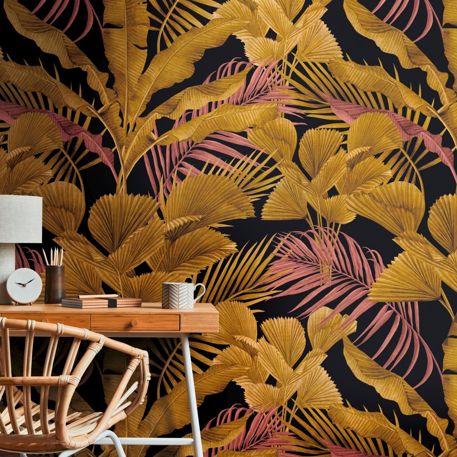 Livingwalls fotobehang jungle-motief zwart, goud, roze en geel - 159 x 280 cm - AS-391853