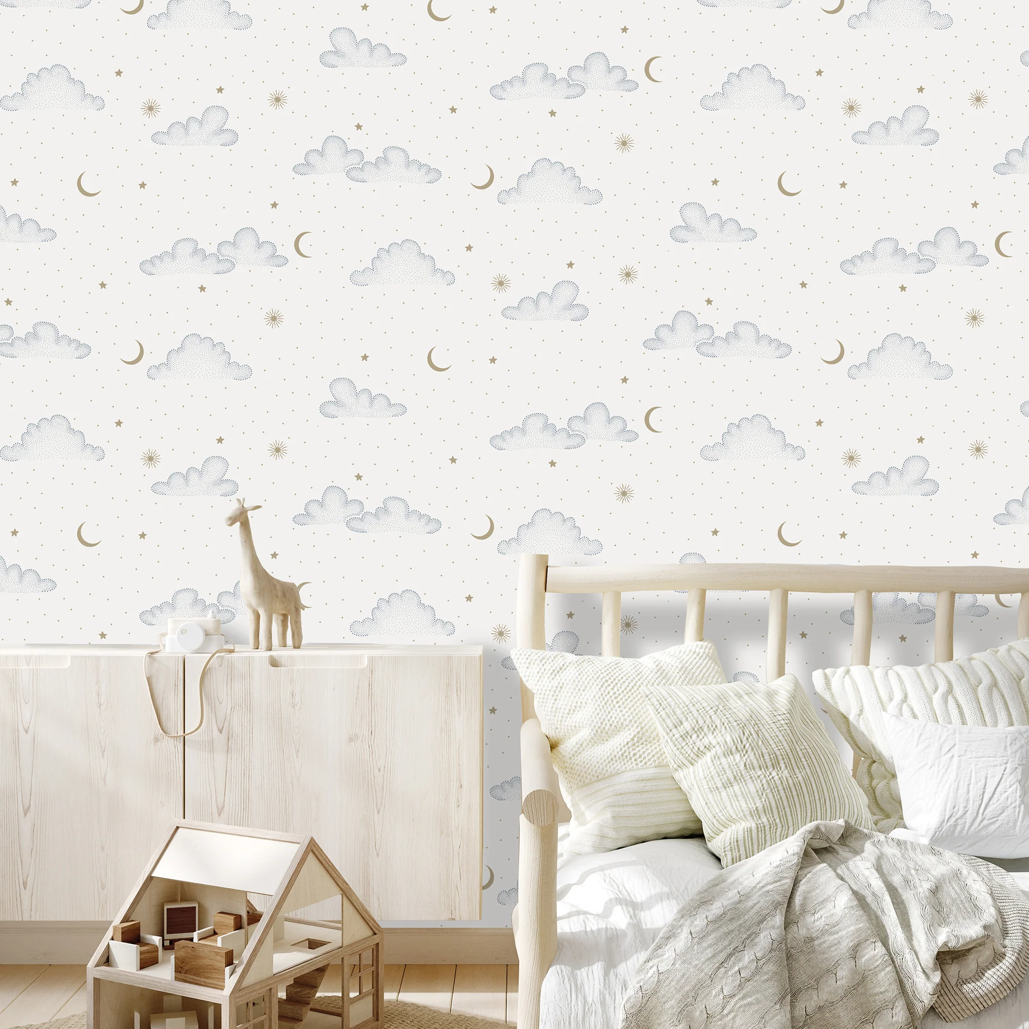 Papier peint intissé RAPHAËL blanc doux, bleu ciel et doré