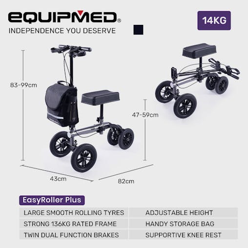 NNEMB Knee Scooter Walker-10 Tyres-Dual Brakes-Bag-Broken Leg Ankle Foot Mobility-Crutches Alternative-Titanium colour