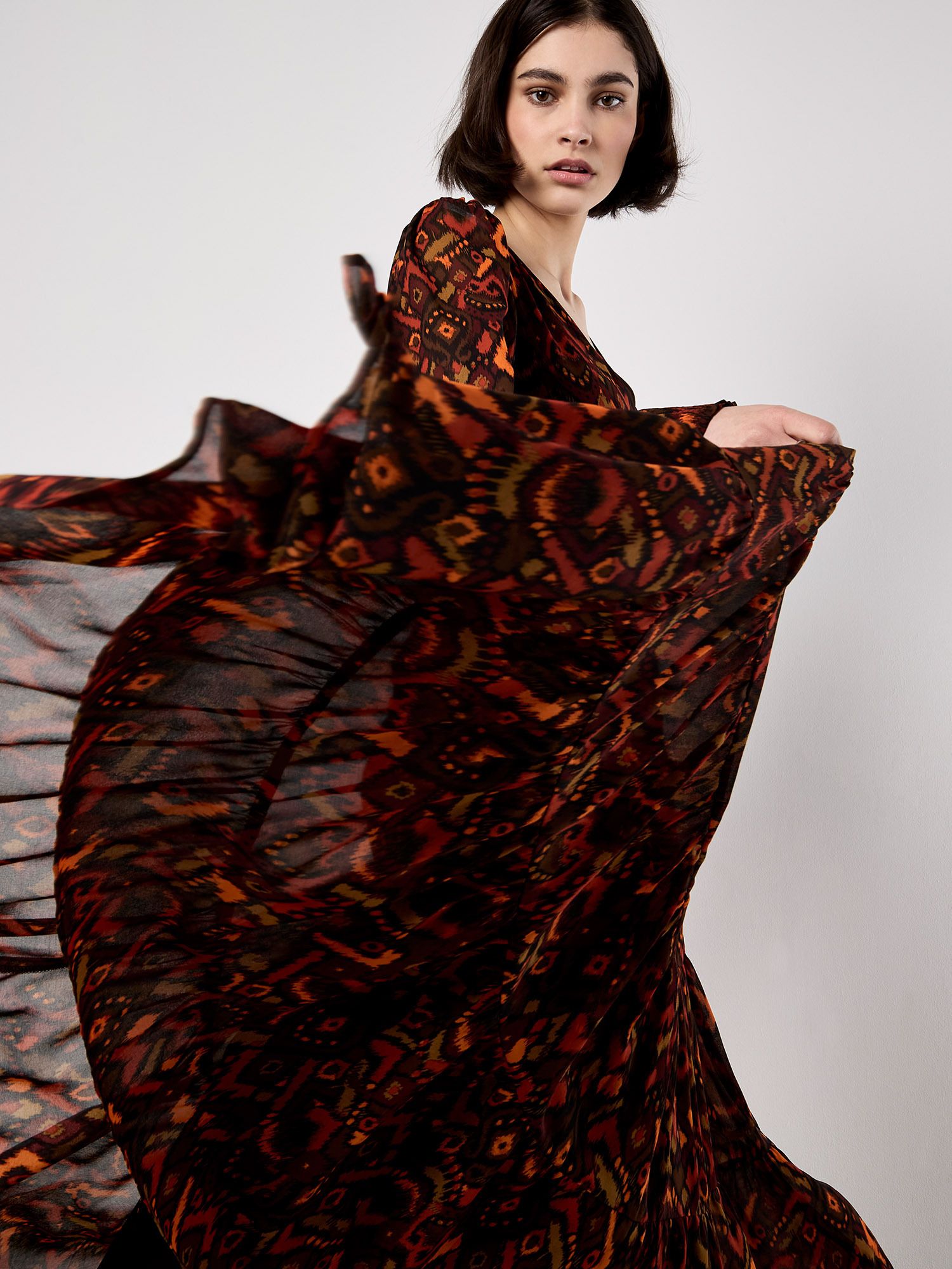 Apricot Ikat Chiffon Tiered Maxi Dress