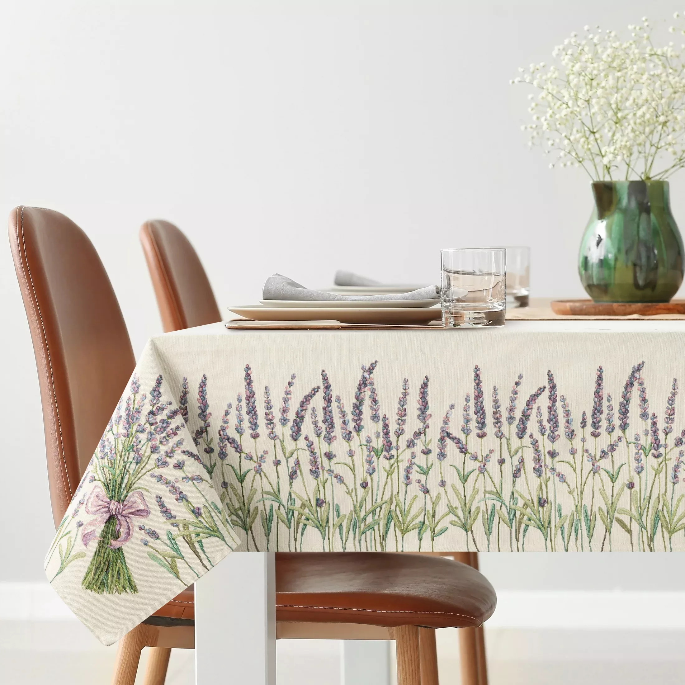 Obrus naturalno, zielony 140x180 cm gobelinowy z tkanym motywem lawendy