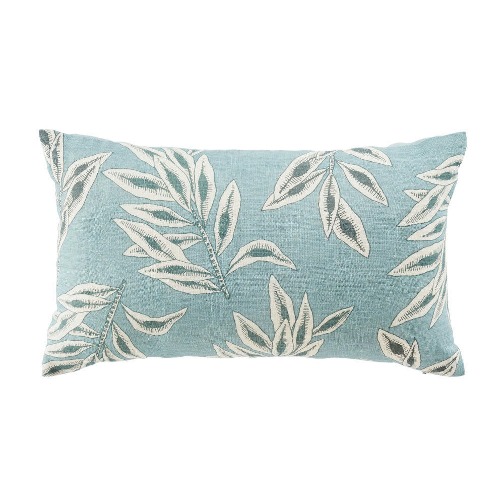GASSIN - Coussin en lin imprimé bleu gris et motifs écrus 30x50