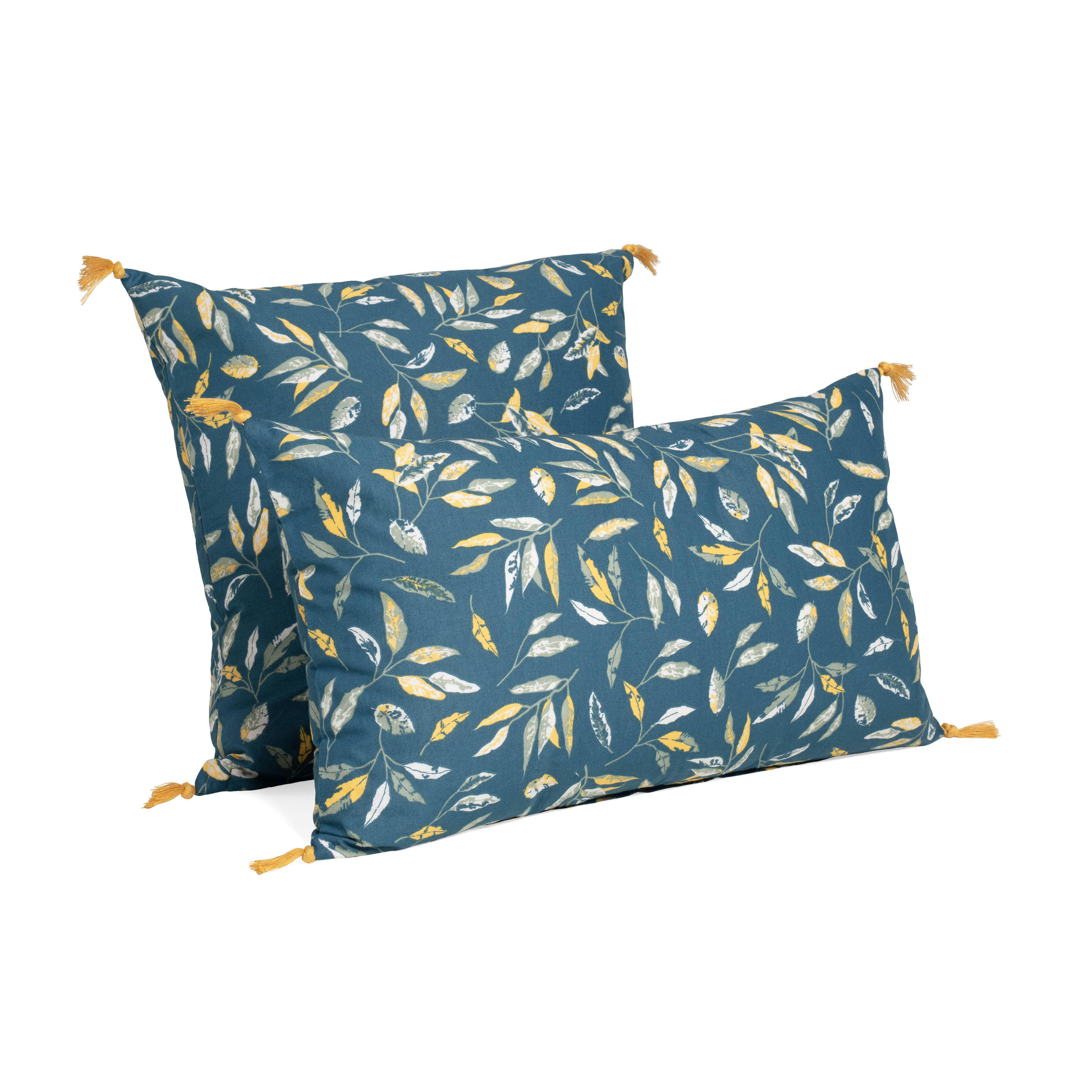 OMBRE VÉGÉTALE - Coussin imprimé en coton 45x45cm Indigo, Curry