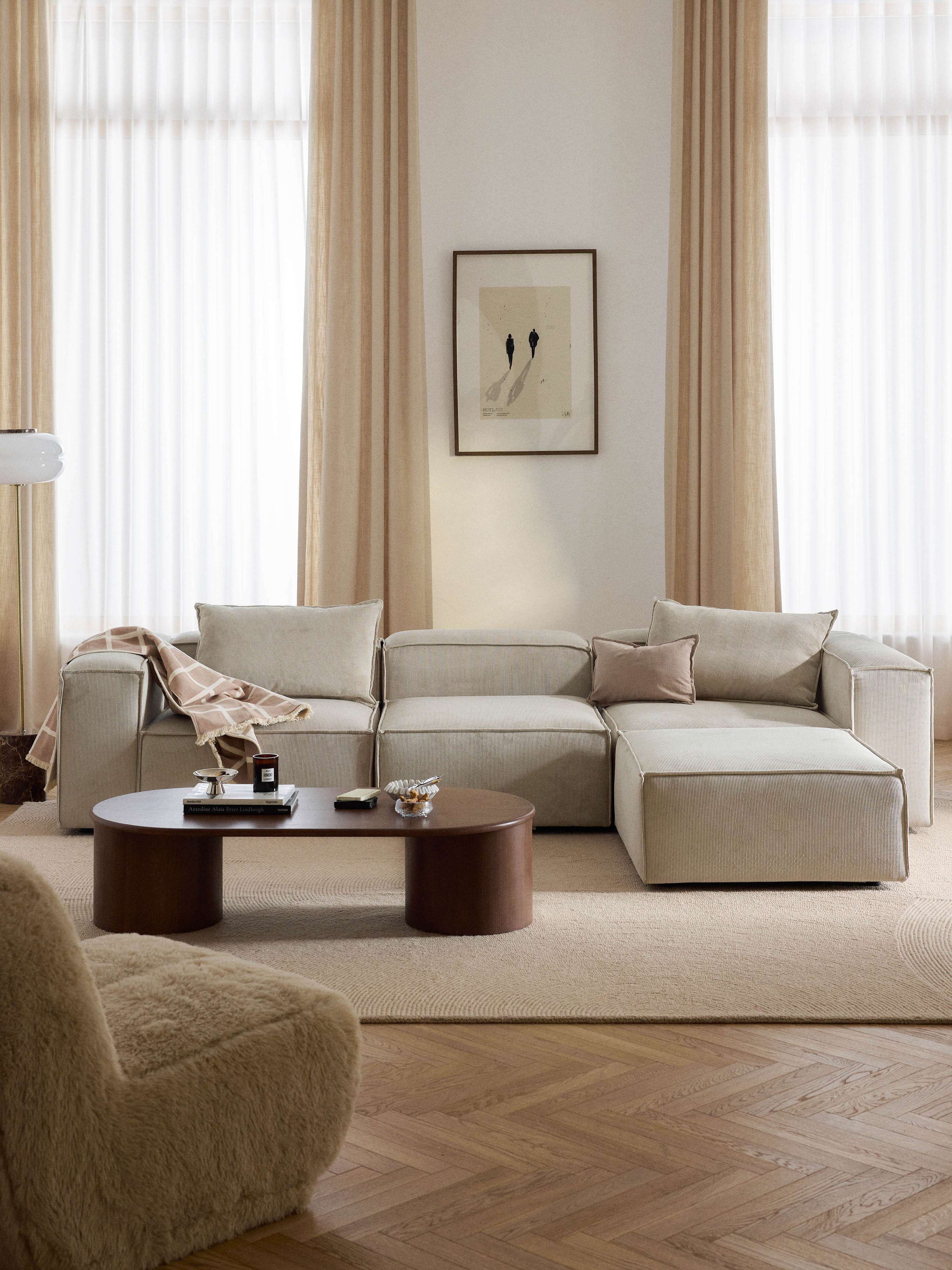 Modulares Sofa Lennon (4-Sitzer) aus Cord mit Hocker (links/rechts)