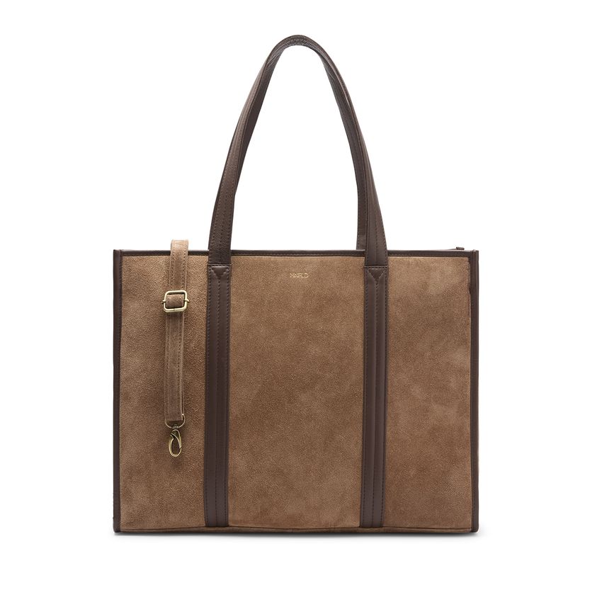 Manfield 18 inch taupe suède shopper met leren details