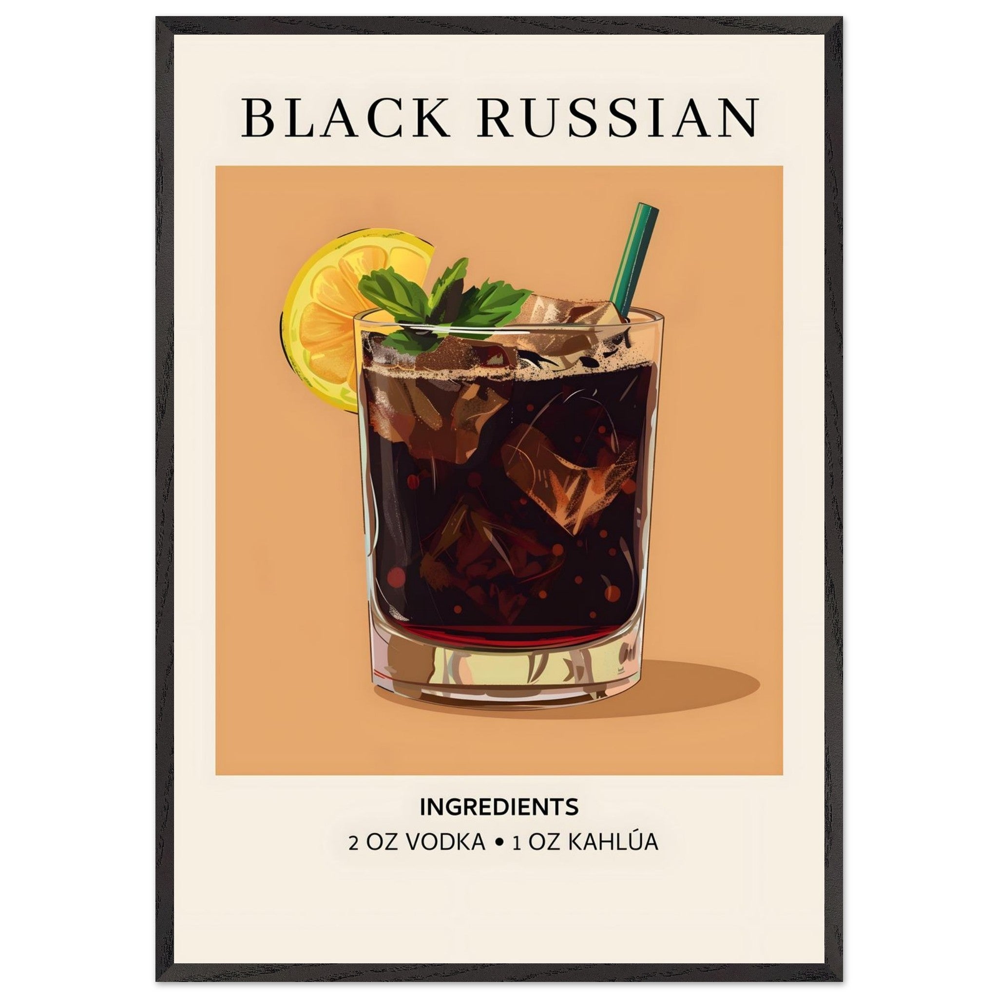 Artfulprints Poster met Lijst Black Russian cocktail - Ingrediënten  - 70x100 cm - Bruin