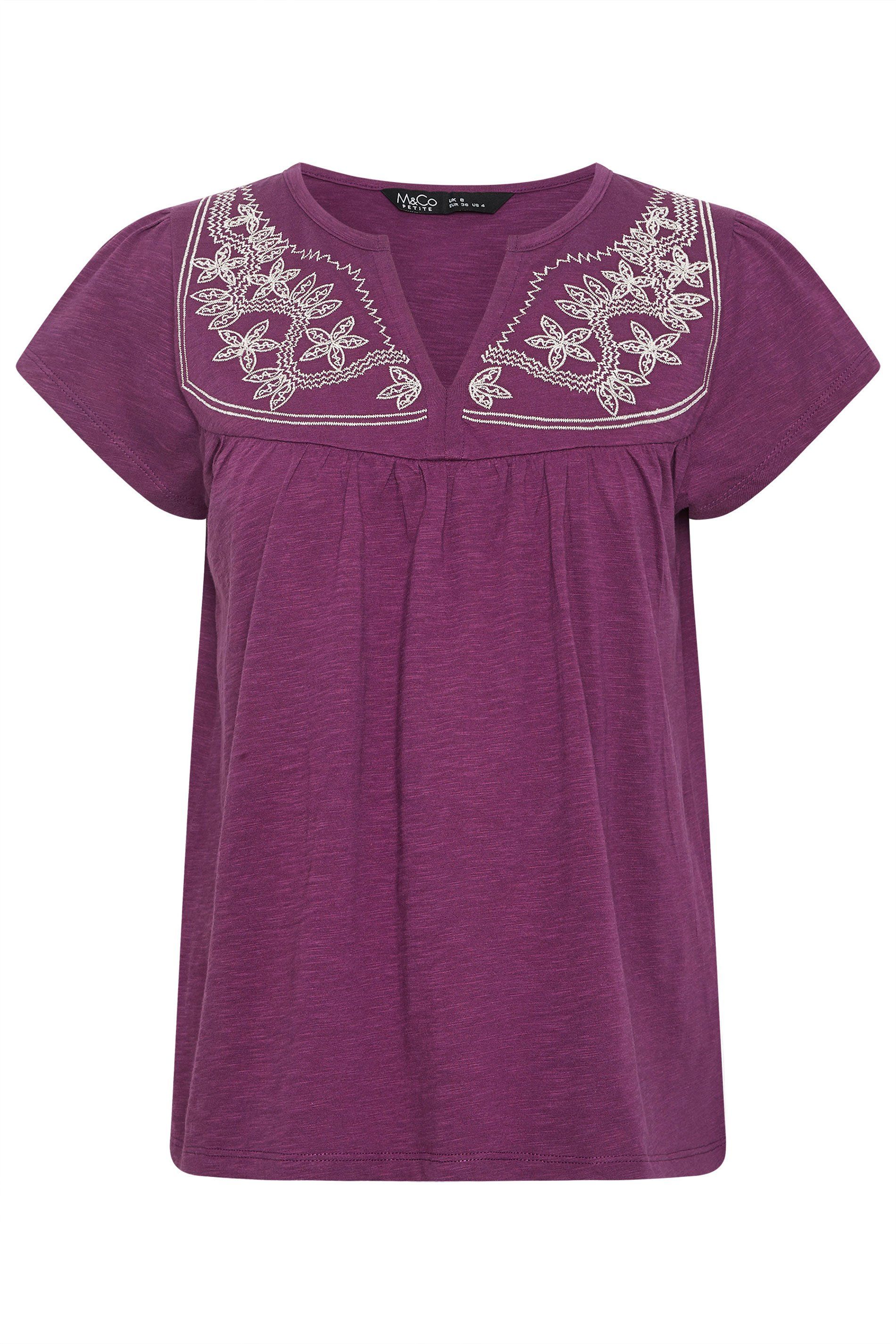 M&Co Petite Embroidered Cotton Notch Neck Top