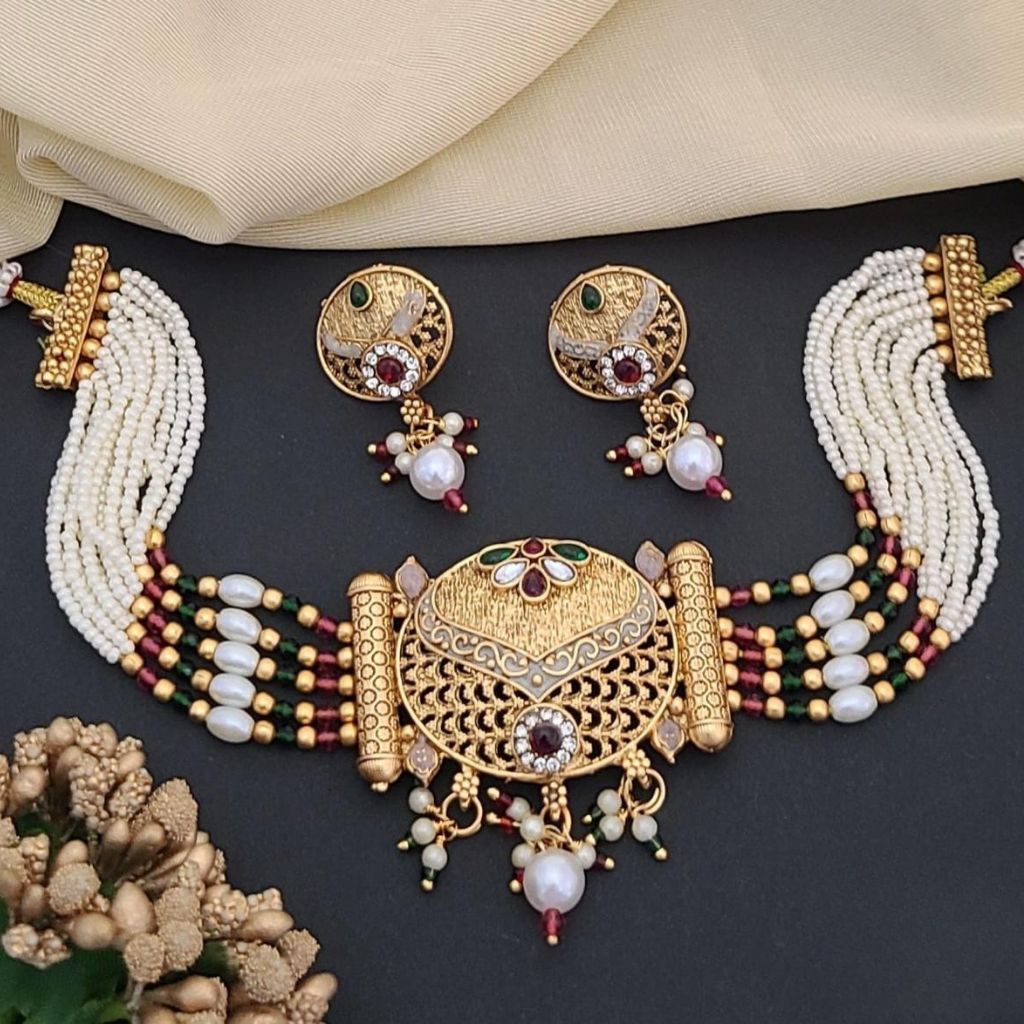 The Colourful Aura Traditional Ethnic Multi Strand White Pearl Dangle Diana Choker