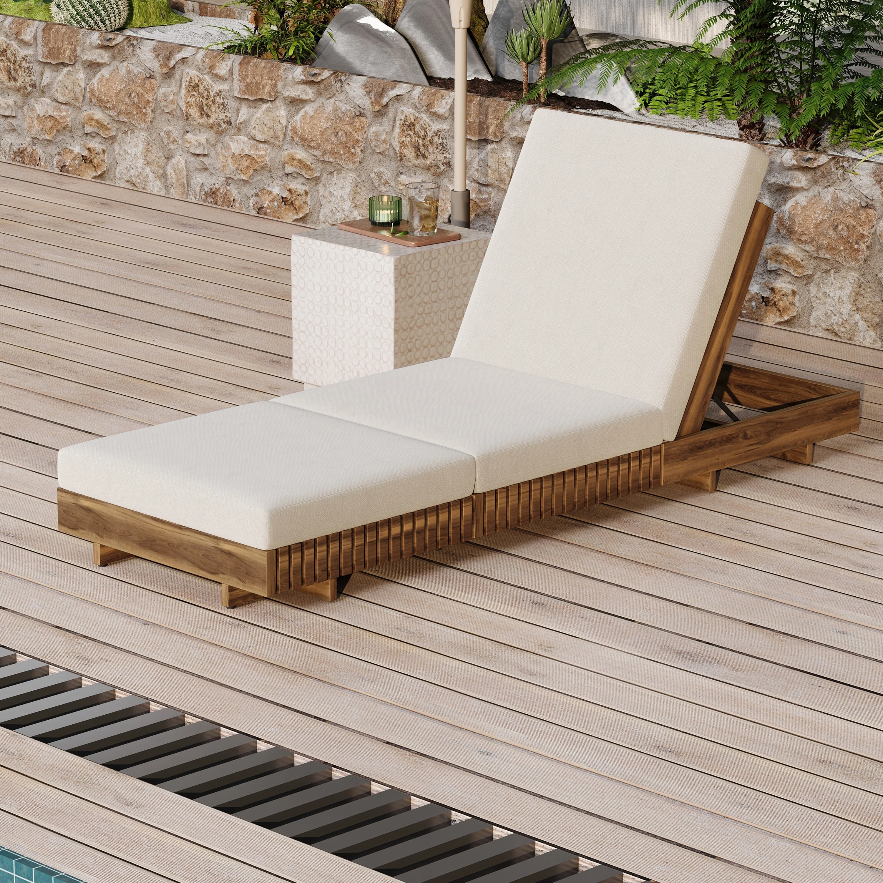 Outdoor Wood Triple Fold Chaise Lounge Set with Adjustable Backrest and Cushions for Poolside Garden Patio