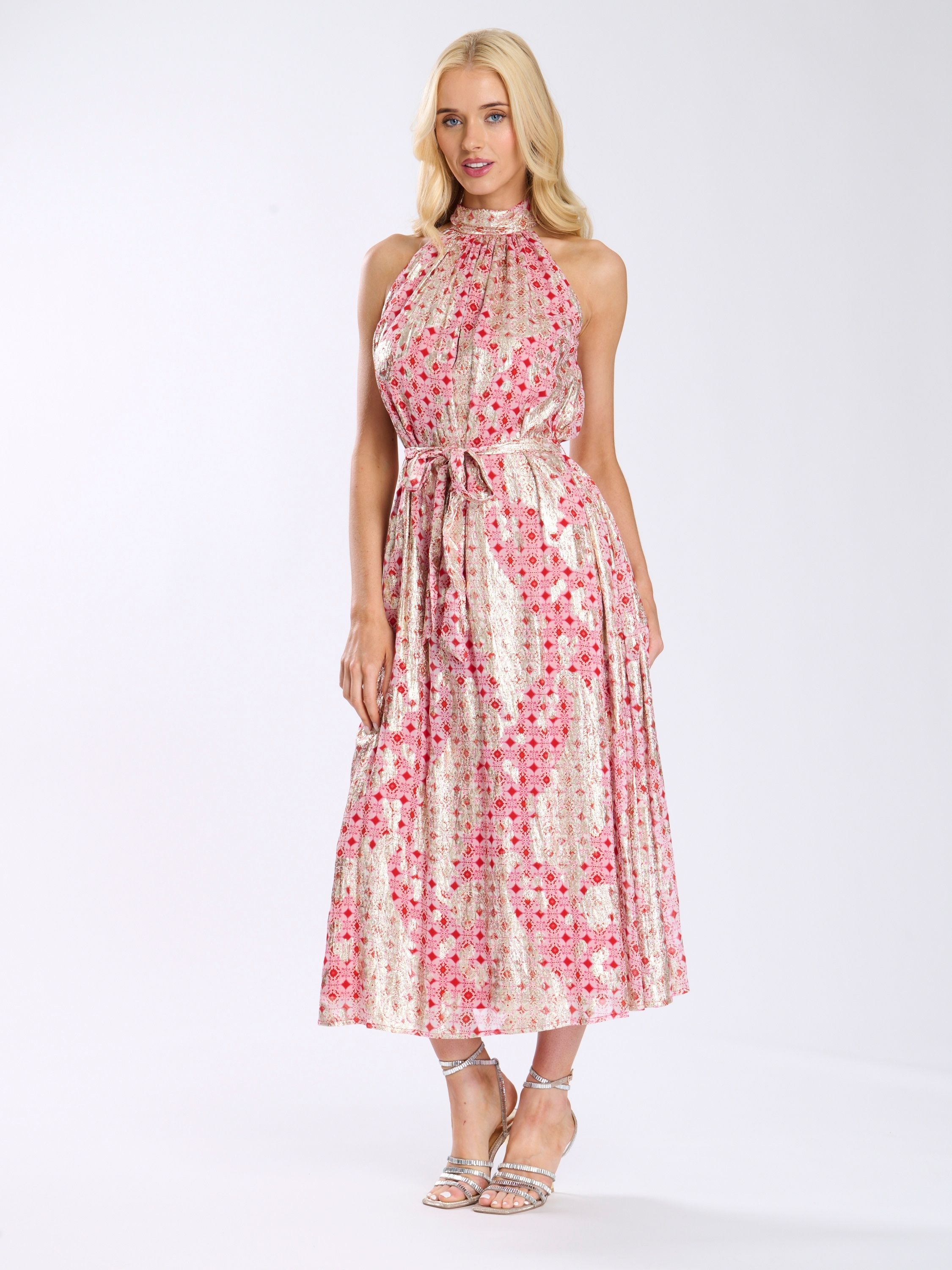 Finding Friday High Neck Tie Waist Midi Dress