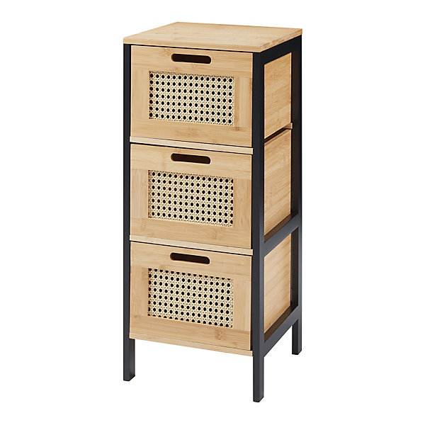 Commode Tervola avec 3 tiroirs 72 x 30 x 30 cm noir naturel effet rotin en.casa