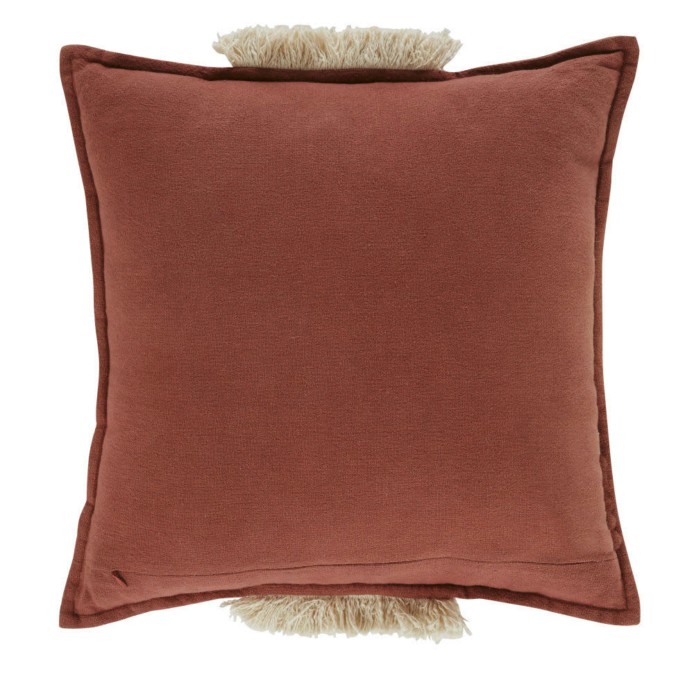 ASSIMA - Coussin tissé terracota brodé avec franges 45x45