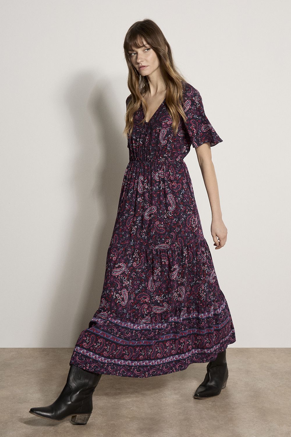 Apricot Paisley Print Tiered Maxi Dress