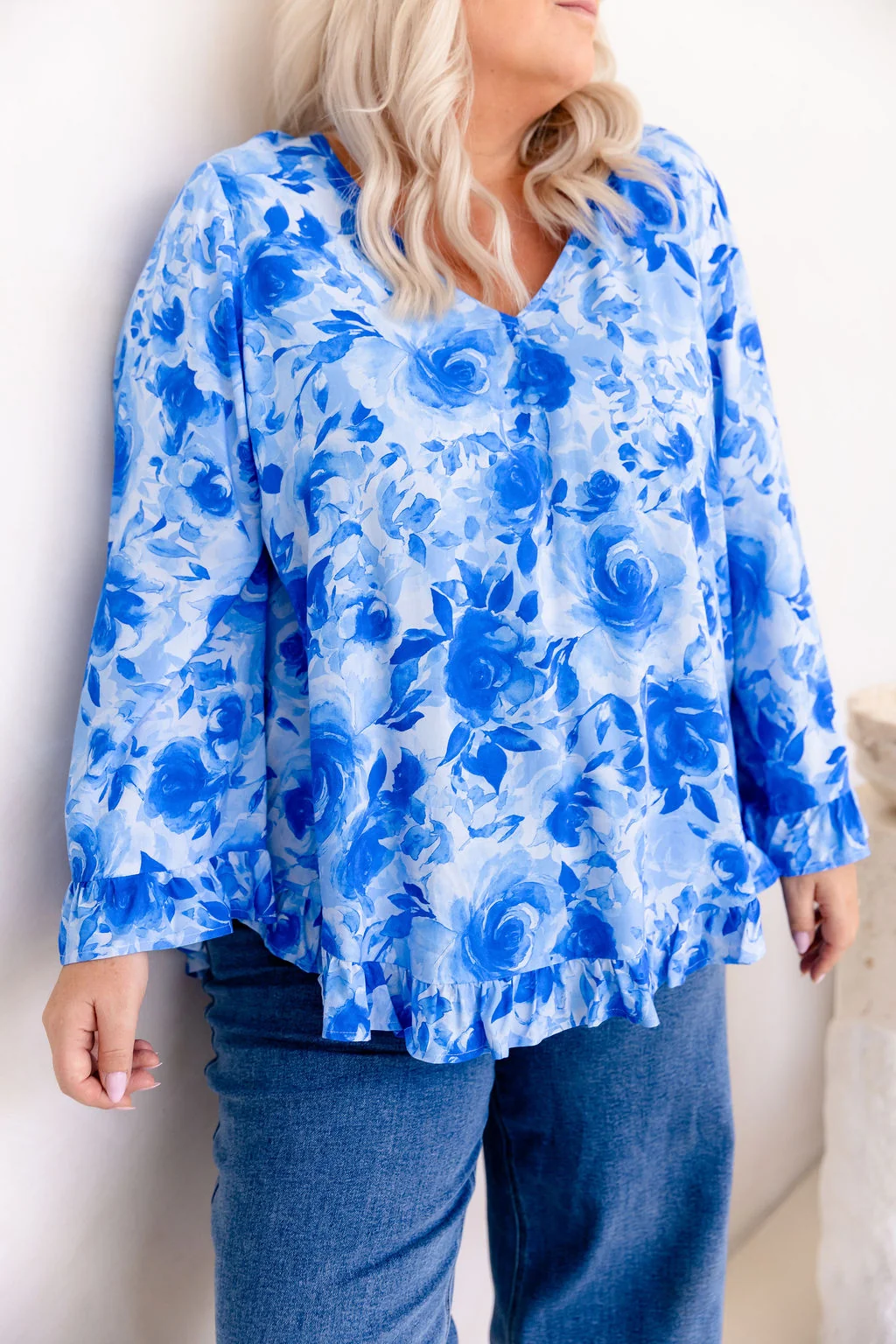 Natalie Long Sleeve Top in Blue Roses