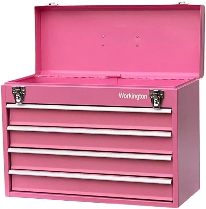 Workington Portable Metal Tool Chest with 4 Drawers, 20 4-Drawer Tool Chest Cabinet with Ball Bearing Drawer Slides, Steel Tool Storage Box Organizer 4004 Pink