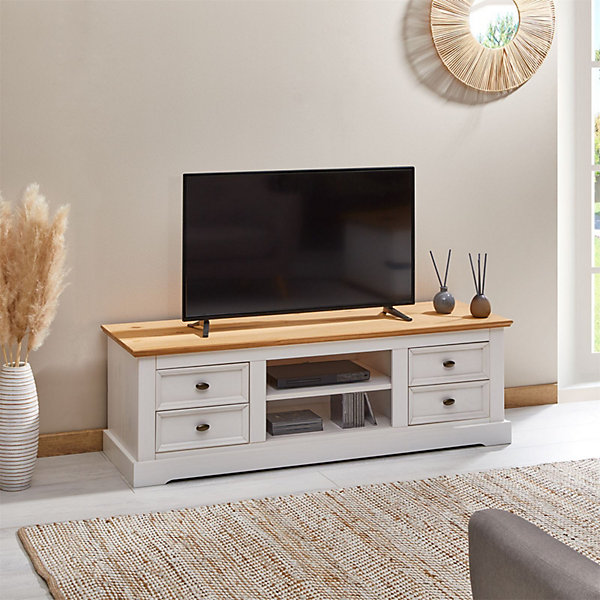 Meuble TV KENT L 144 cm en bois massif - Blanc et brun