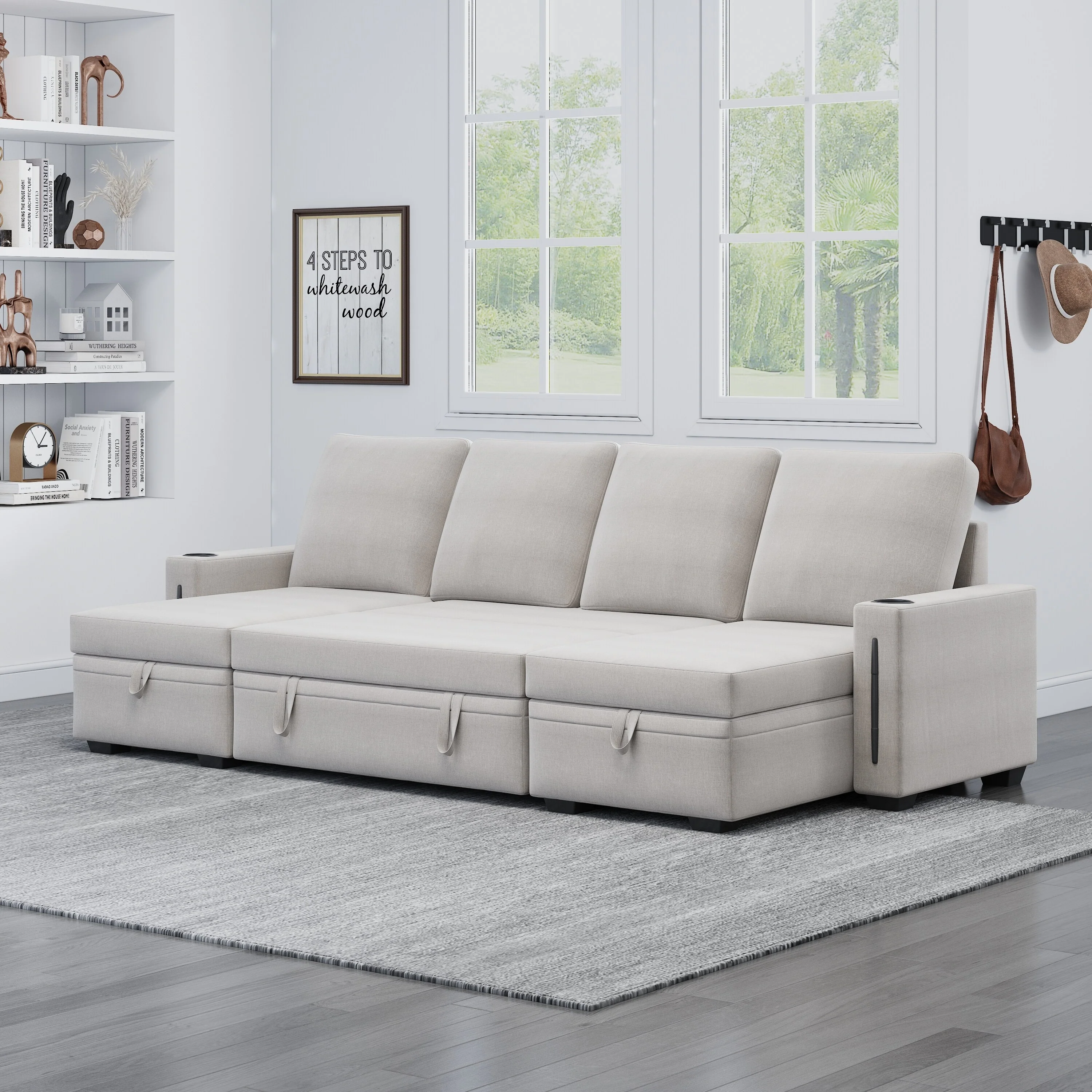 96.46'' U-Shaped 4 Seater Sectional Sofa with Storage Chaise, Pull-Out Sleeper, Cup Holders and High-Density Foam