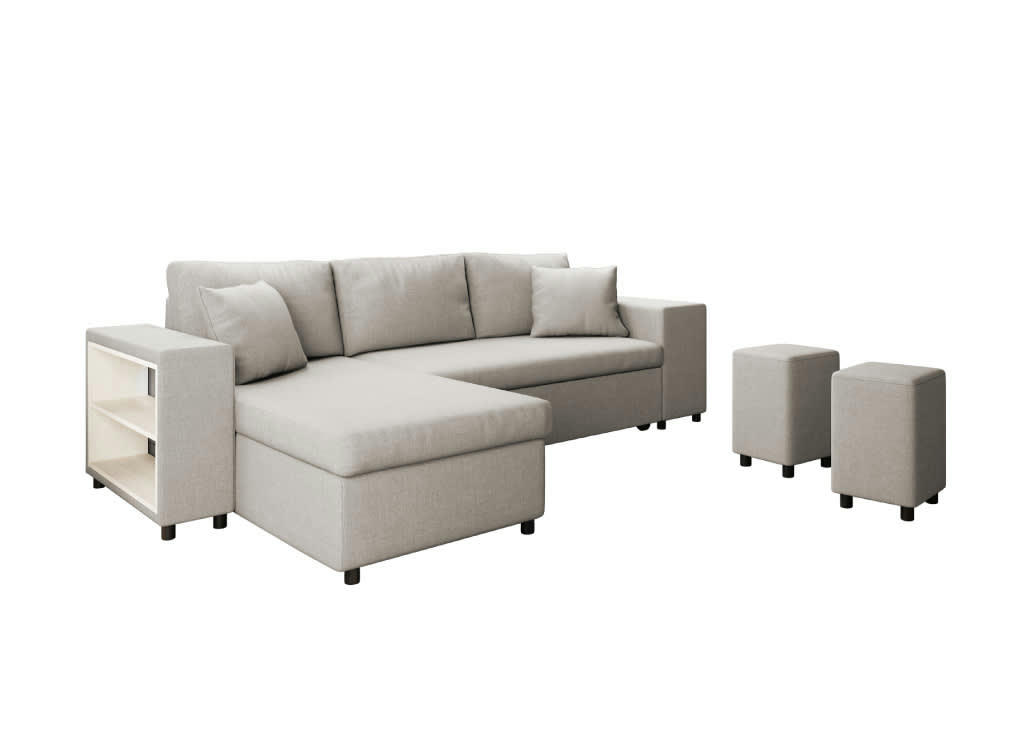 MADY - Canapé d'angle convertible beige avec rangement poufs à droite