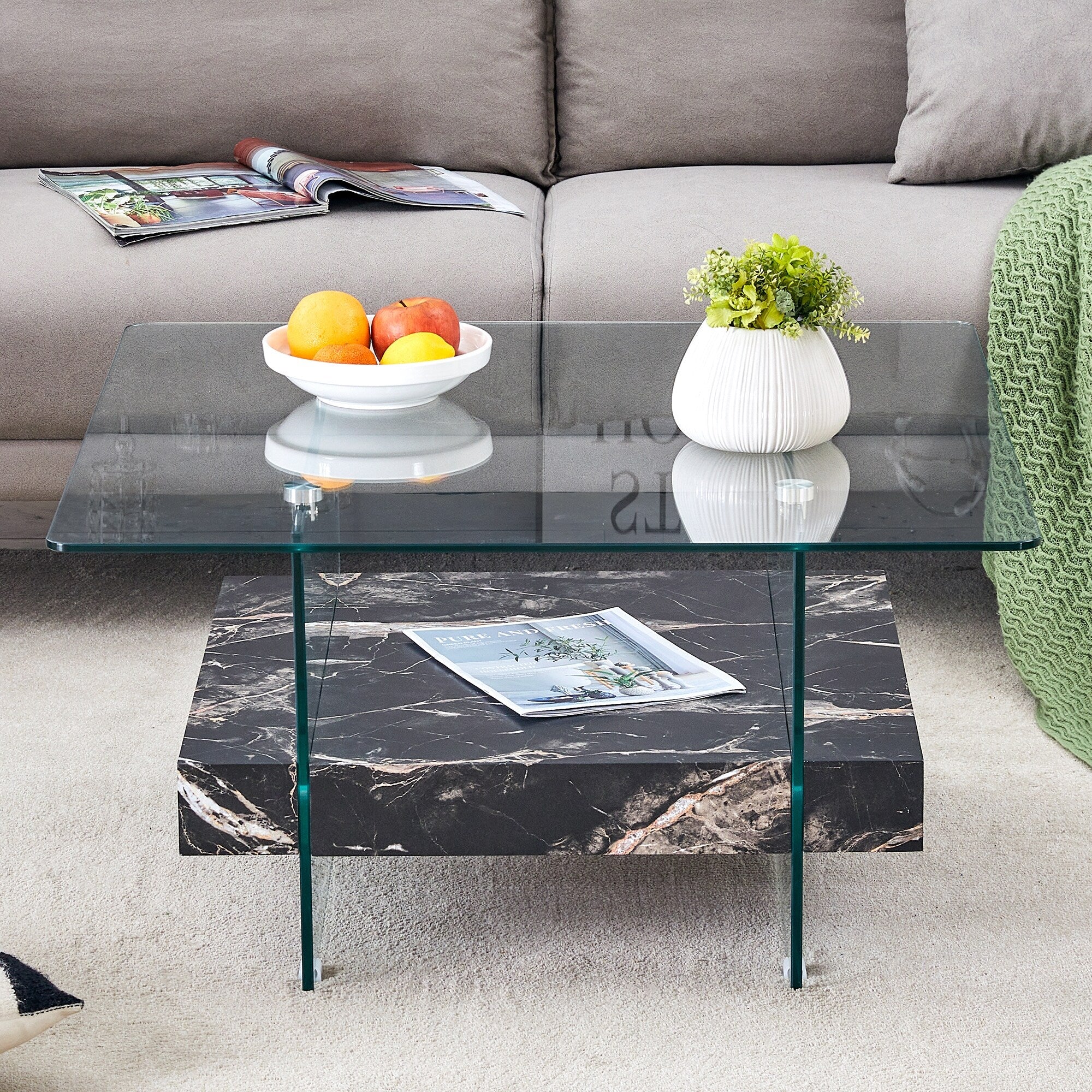 Modern Two-Tier Square Coffee Table -Elegant Combination Of Glass And Marble Pattern Sticker